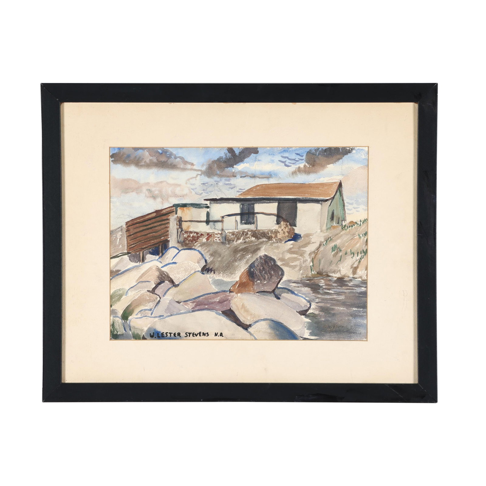 William Lester Stevens (American, 1888-1969), Rocky Cover: William Lester Stevens (American, 1888-1969), Rocky Cover watercolor on illustration board, signed "W. Lester Stevens N.A." at lower left, matted and framed. Sight size 12 1/2 x 16 1/2 in.; Frame dime