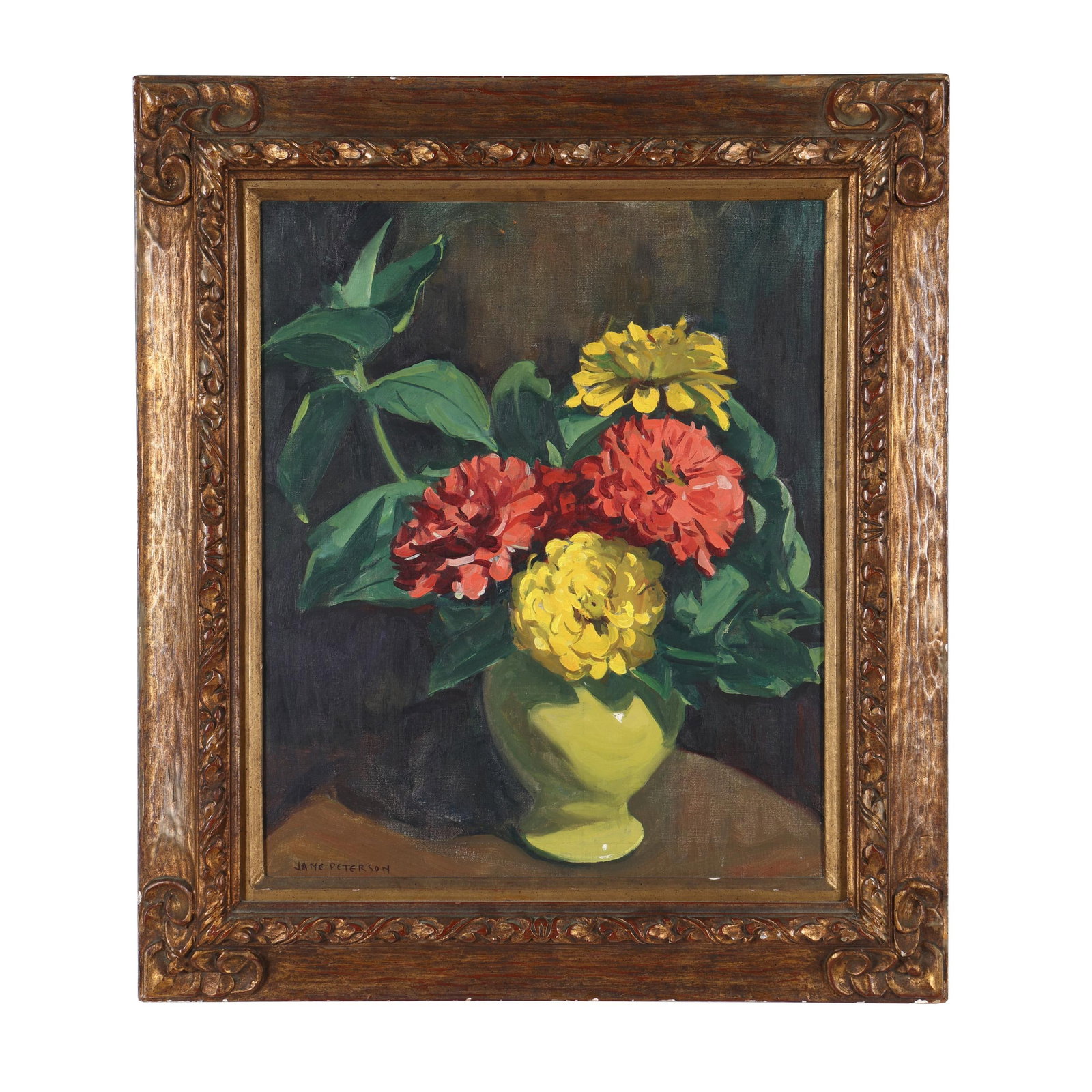 Jane Peterson (American, 1876-1965), Zinnias in a Yellow Vase: Jane Peterson (American, 1876-1965), Zinnias in a Yellow Vase oil on canvas (wax lined), signed at lower left, presented in a period frame. Stretcher size 24 x 20 in.; Frame dimensions 32 x 28 in. Jan