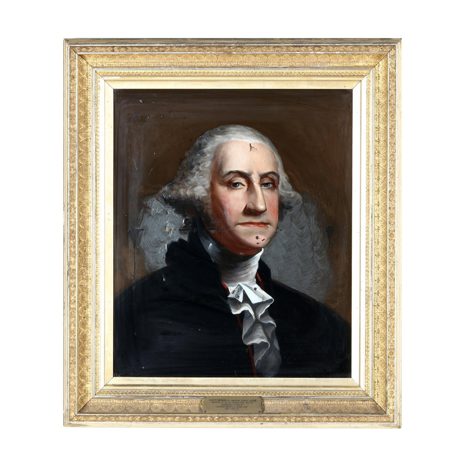 A Chinese Export Reverse Glass Portrait of George Washington: A Chinese Export Reverse Glass Portrait of George Washington reverse painting on glass, early 19th century, unsigned, presented in a later 19th century gilt composition frame with brass gallery plaque