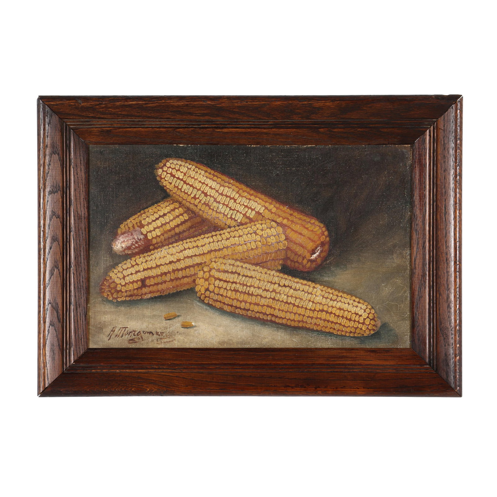 Alfred Montgomery (American, 1857-1922), Four Ears of Corn: Alfred Montgomery (American, 1857-1922), Four Ears of Corn oil on canvas, signed at lower left, presented in a period oak frame. Stretcher size 9 x 14 in.; Frame dimensions 12 3/4 x 17 3/4 in. Alfred 