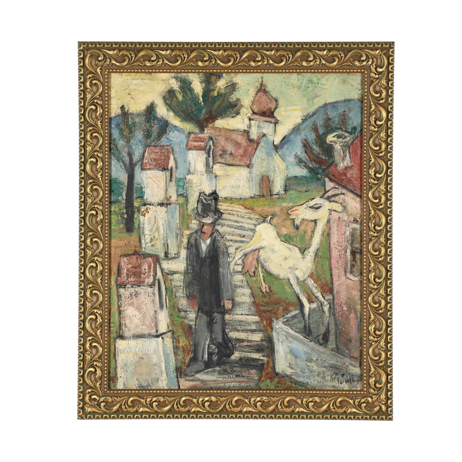 István Szigethy (Hungarian, 1891-1966), Man and Goat: István Szigethy (Hungarian, 1891-1966), Man and Goat oil on Masonite, faint signature at lower right, framed. Board 26 3/4 x 21 1/2 in.; Frame dimensions 30 x 24 1/2 in. A pupil of Károly Ferenczy a