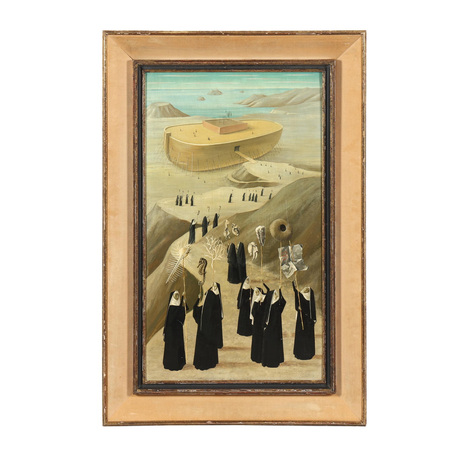 Enrico Brandani (Italian, 1914-1979), Noah's Ark with Nuns: Enrico Brandani (Italian, 1914-1979), Noah's Ark with Nuns oil on board, signed to verso and with the artist's initial to skewered sheet held aloft by a nun at the lower right, presented in the likely