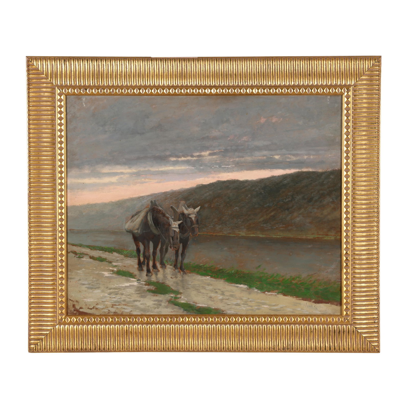 Vital Keuller (Belgian, 1866-1945), Two Horses by a Canal: Vital Keuller (Belgian, 1866-1945), Two Horses by a Canal oil on panel, 1910, signed and dated at lower right, presented in a later gilt frame. Panel 28 1/2 x 35 1/2 in.; Frame dimensions 37 1/2 x 44 