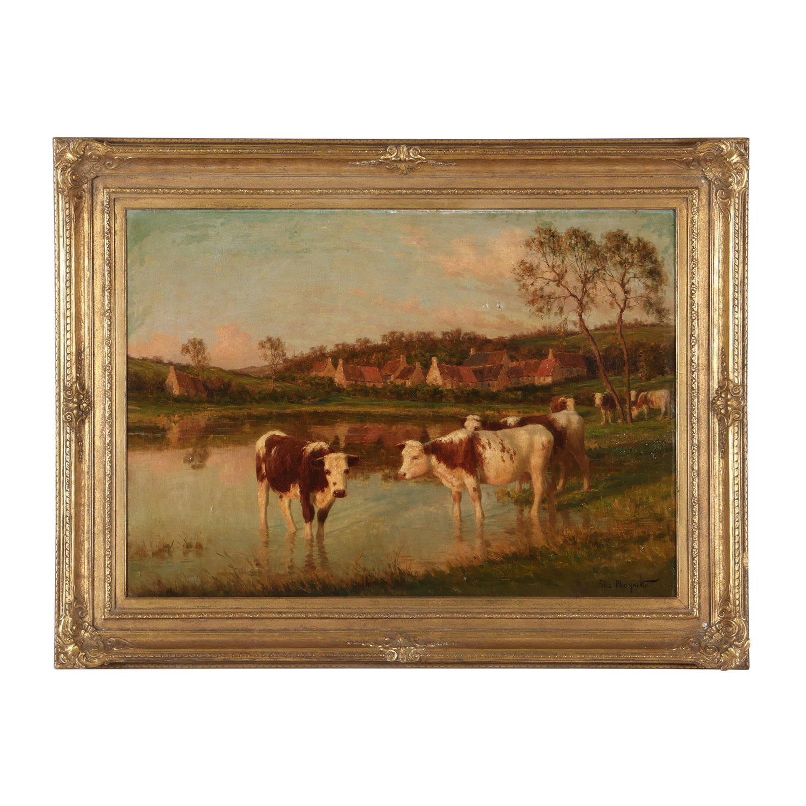 Felix Planquette (French, 1873-1964), Cows Watering: Felix Planquette (French, 1873-1964), Cows Watering oil on canvas, signed at lower right, presented in a period gilt frame. Stretcher size 25 3/4 x 37 in.; Frame dimensions 35 x 45 1/2 in. Félix Plan