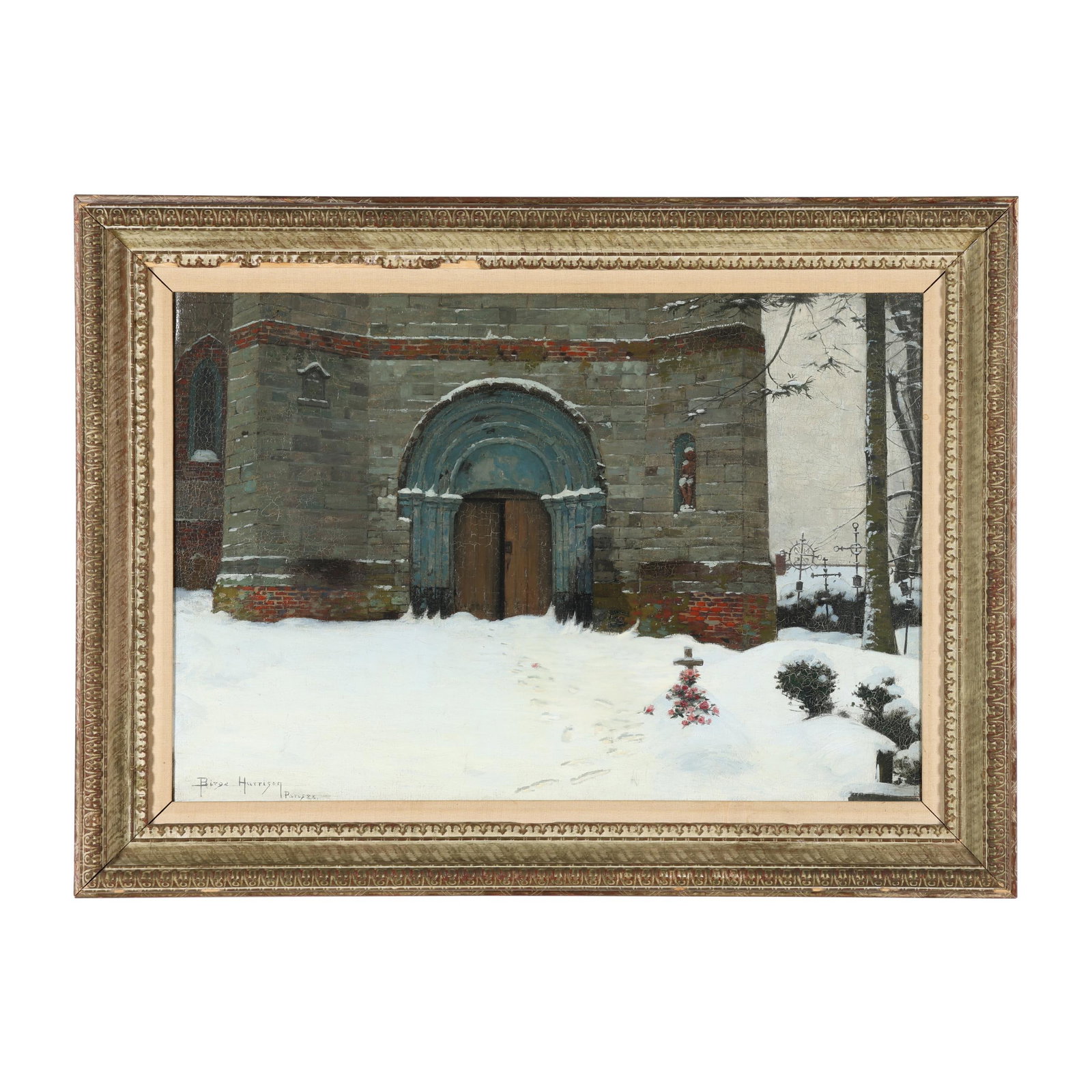 Birge Harrison (American, 1854-1929), Roses in the Snow: Birge Harrison (American, 1854-1929), Roses in the Snow oil on canvas, 1888, signed and inscribed at lower left "Birge Harrison / Paris 88," presented in a later frame. Stretcher size 22 x 32 in.; Fra