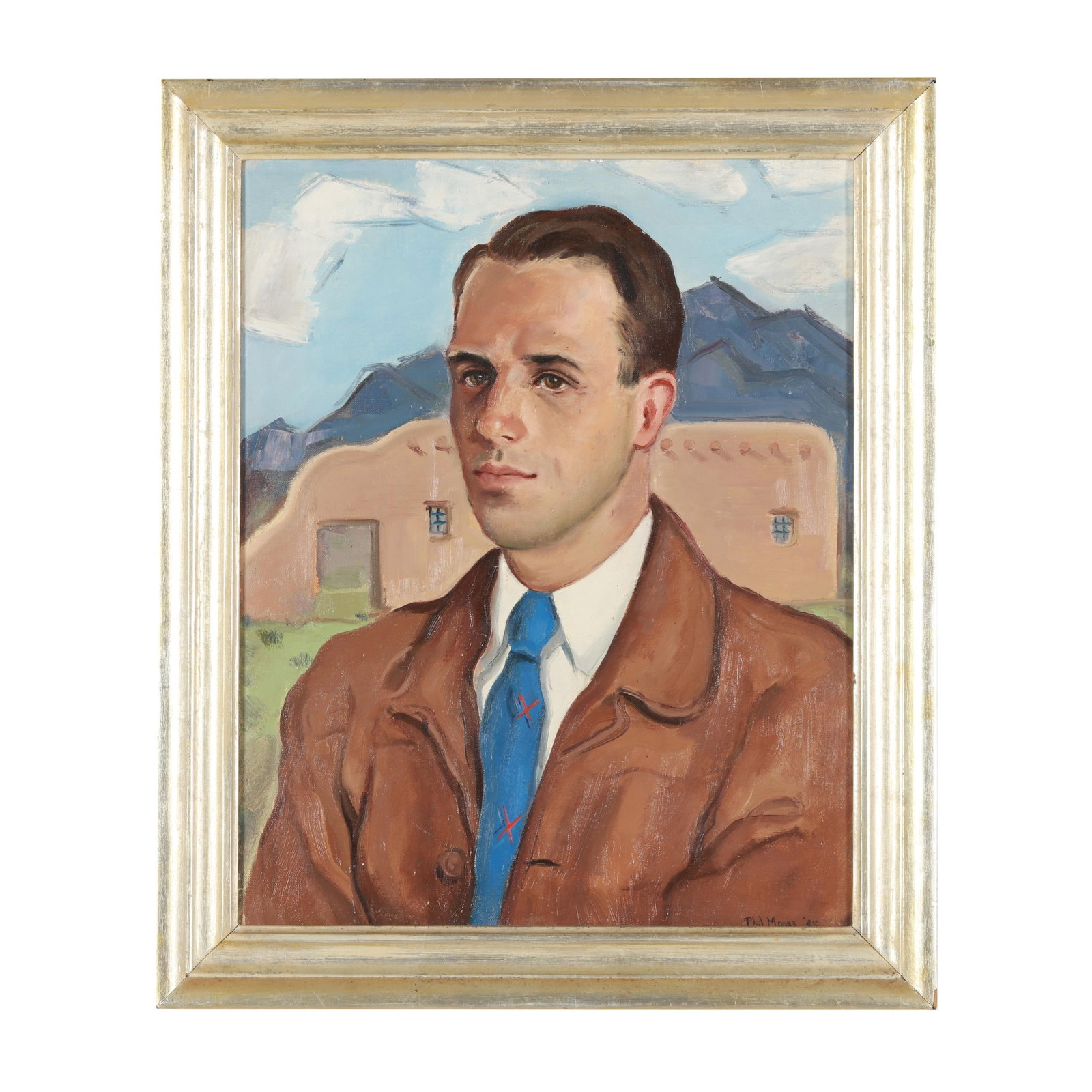 Philip Moose (American, 1921-2001), Portrait of a Young Man with Southwest Landscape: Philip Moose (American, 1921-2001), Portrait of a Young Man with Southwest Landscape oil on canvas, 1949, signed and dated "Phil Moose '49" at lower right, framed. Stretcher size 20 x 16 in.; Frame di