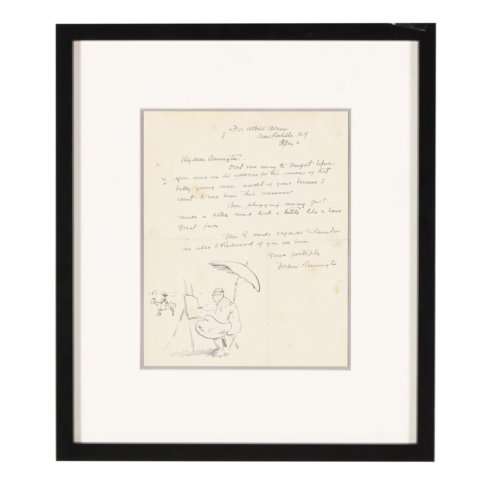 Frederic Remington (American, 1861-1909), Self Portrait within an Illustrated Autographed Letter (1 of 8)
