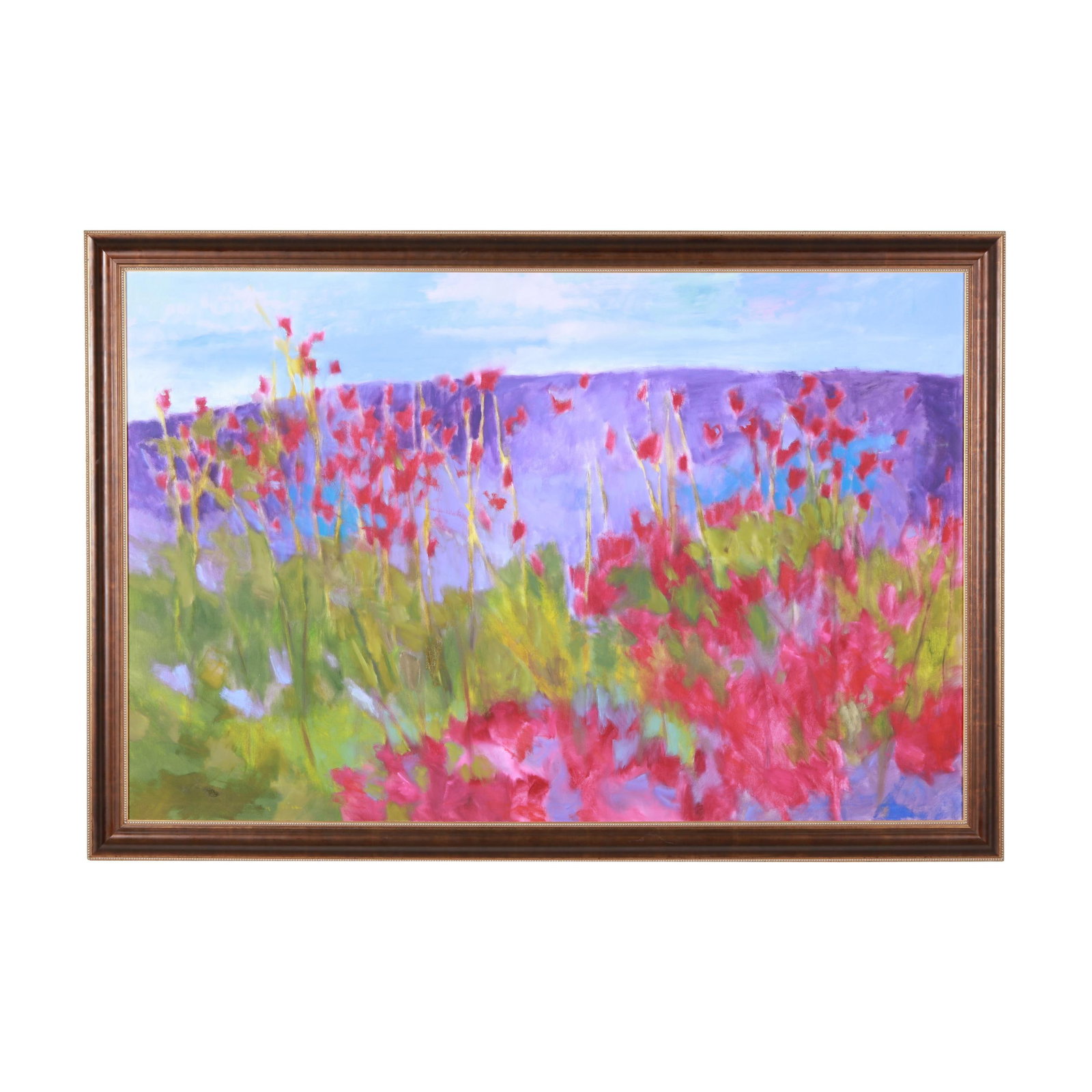 Marshall Noice (American), Wild Roses, Ridge: Marshall Noice (American), Wild Roses, Ridge oil on canvas, 2004, signed and inscribed to verso, framed. Stretcher size 48 x 70 in.; Frame dimensions 52 1/2 x 76 1/2 in. Marshall Noice is an American 