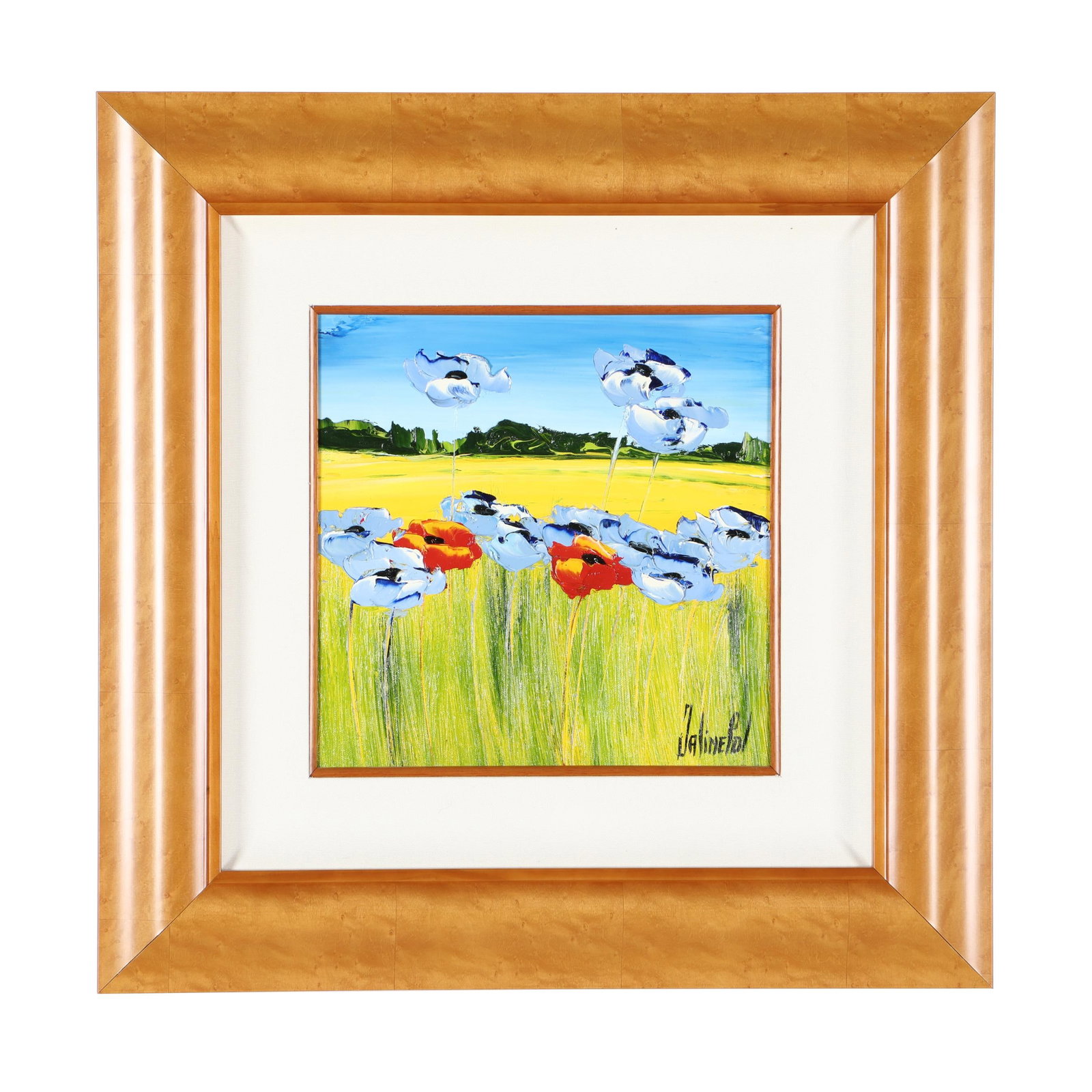 JalinePol (French, b. 1946), Dialogue dans le pré: JalinePol (French, b. 1946), Dialogue dans le pré (Dialogue in the meadow), oil on canvas, signed at lower right, inscribed to verso, framed. Stretcher size 12 x 12 in.; Frame dimensions 22 1/8 x 22 