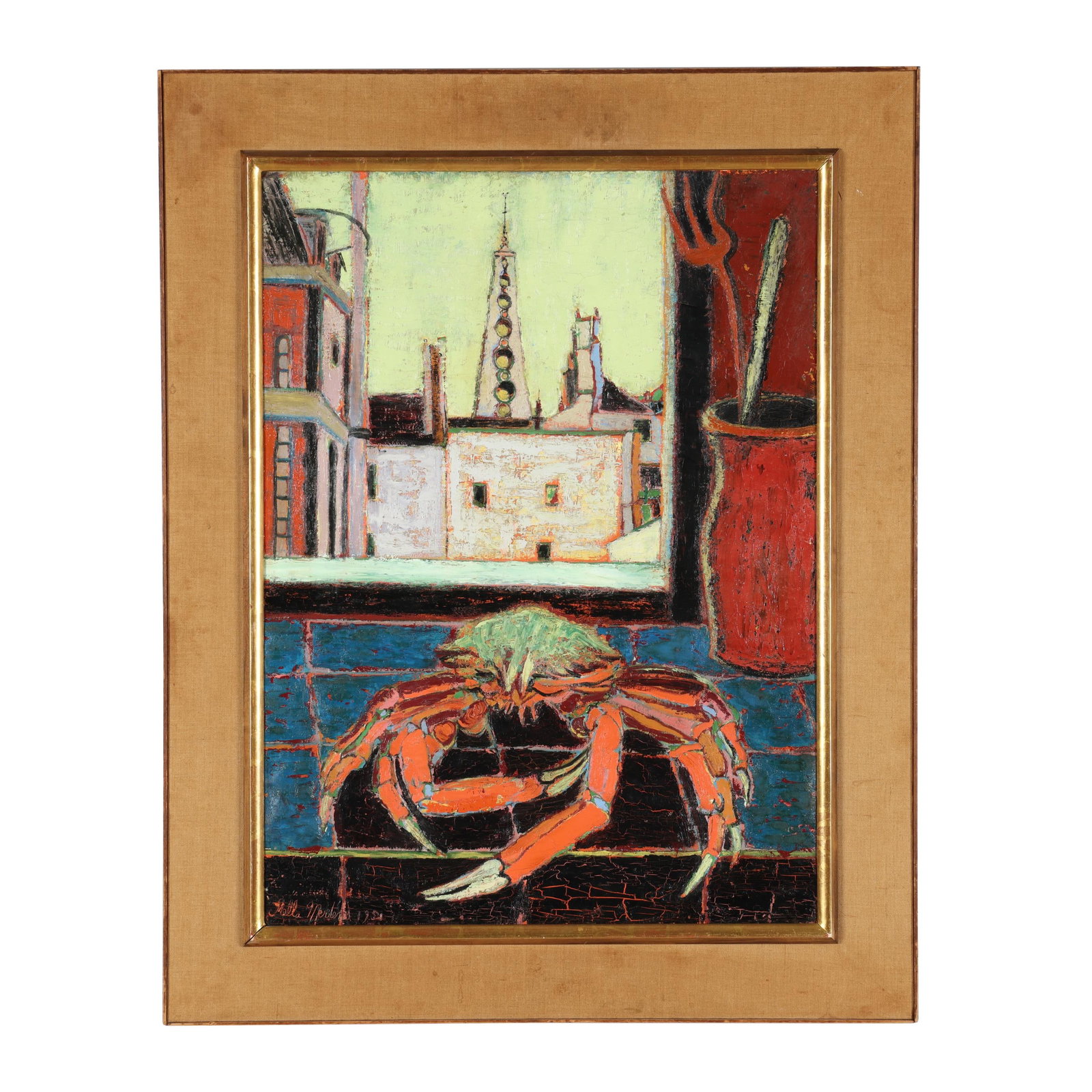 Stella Mertens (Belgian, 1896-1986), Ile St. Louis with a Crab: Stella Mertens (Belgian, 1896-1986), Ile St. Louis with a Crab oil on canvas, 1951, signed and dated at lower left, retains labels from Galerie de Braux and Christie's to the verso, presented in the l