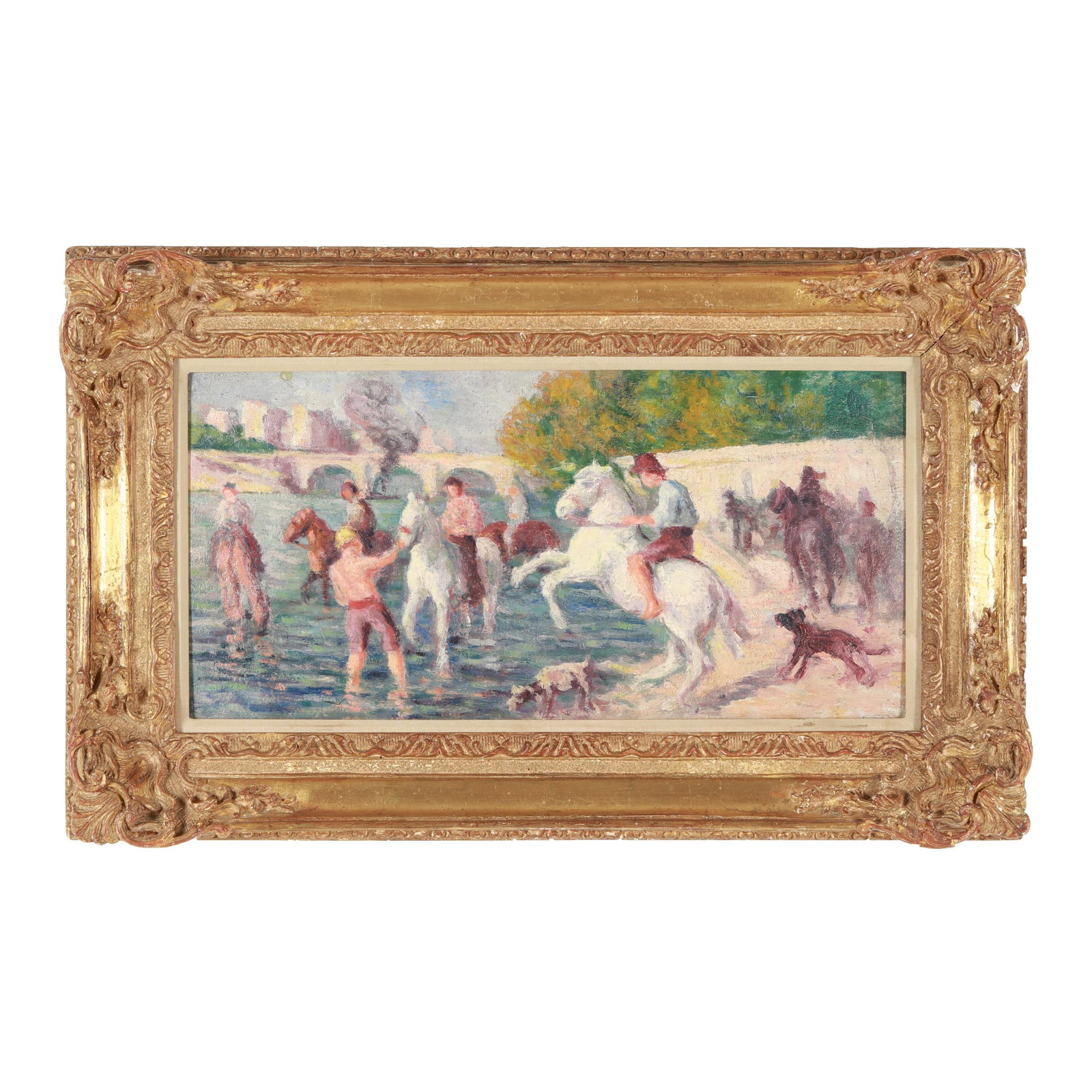 Attributed to Maximilien Luce (French, 1858-1941), Horses Bathing in the Seine - A Study: Attributed to Maximilien Luce (French, 1858-1941), Horses Bathing in the Seine - A Study oil on panel, circa 1910, unsigned, the panel with Hammer Galleries stamp to verso with inventory no. 20063, re