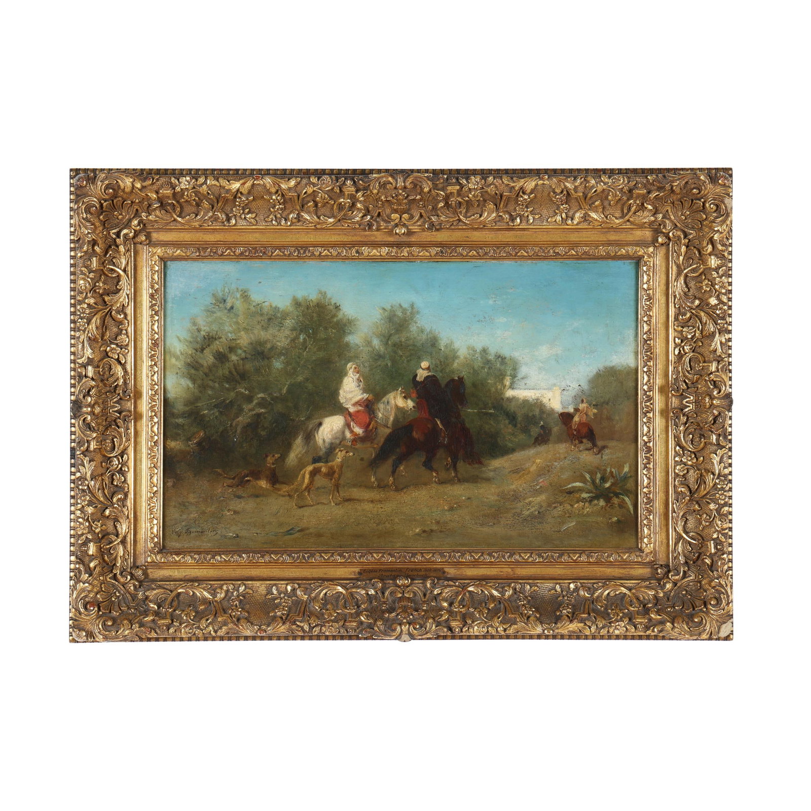 Eugène Fromentin (French, 1820-1876), Arabs on Horseback: Eugène Fromentin (French, 1820-1876), Arabs on Horseback oil on mahogany panel, signed "Eug. Fromentin" at lower left, retaining Wilstach Gallery label to verso, presented in a later gilt frame with 