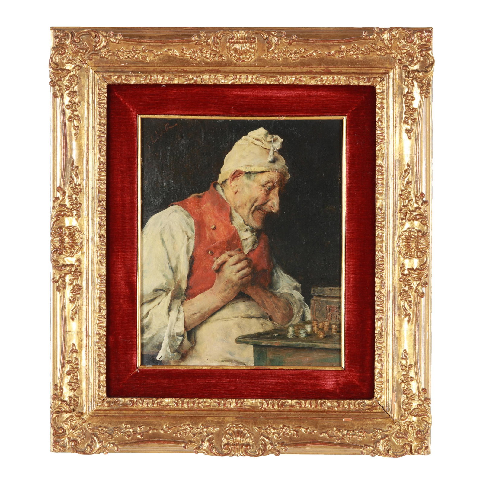 Federico Andreotti (Italian, 1847-1930), A Small Fortune: Federico Andreotti (Italian, 1847-1930), A Small Fortune oil on canvas, signed "F. Andreotti" at upper left, presented in a later gilt frame with velvet liner. Stretcher size 10 3/4 x 8 5/8 in.; Frame