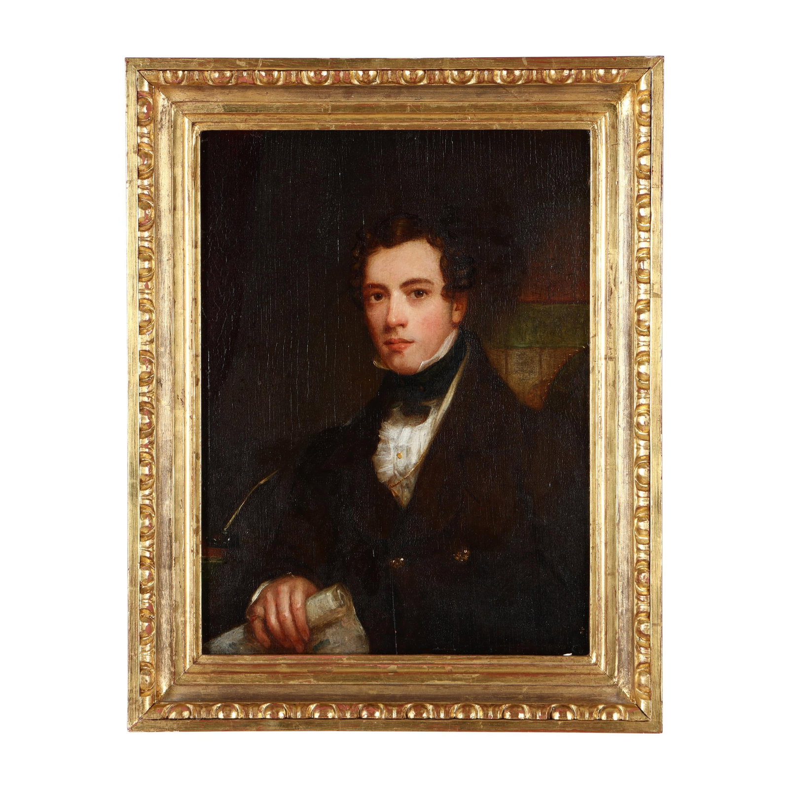 Joseph Clover (English, 1779-1853), Portrait of a Young Gentleman: Joseph Clover (English, 1779-1853), Portrait of a Young Gentleman oil on panel, inscribed to verso "Jos Clover Pinx / 85 Newman S London / (August) 1838," presented in a later gilt frame. Panel 15 x 1