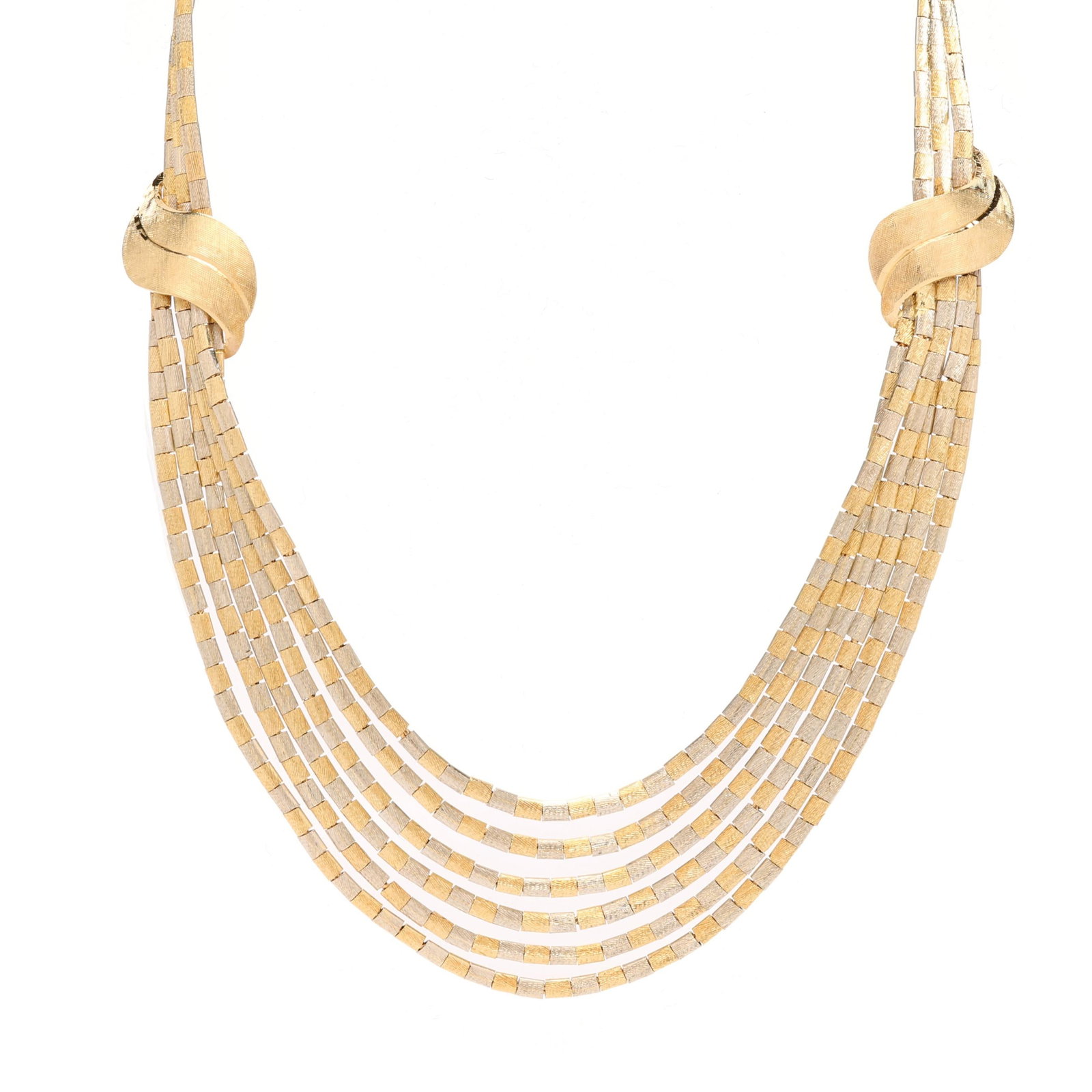 Bi-Color Multi-Strand Gold Necklace, Italy: Bi-Color Multi-Strand Gold Necklace, Italy six strands in alternating textured white and yellow gold cylinder beads, joined by two scroll design stabilizer bars, completed with a box clasp with figure