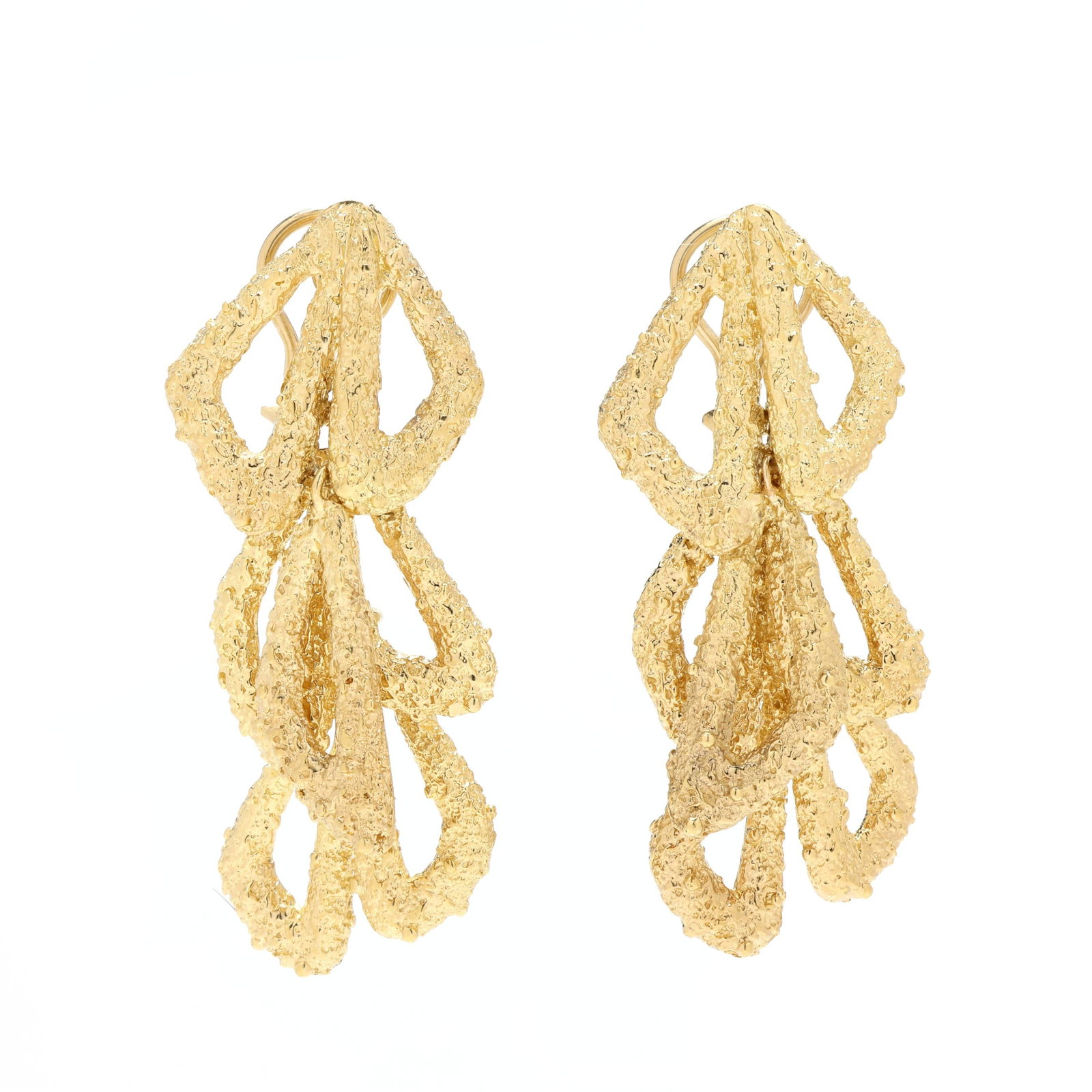 Gold Geometric Motif Dangle Earrings: Gold Geometric Motif Dangle Earrings three-tiered design in a nugget texture and geometric motif, completed with omega clip backs, stamped 750 and numbered 6474. 2.25 x 7/8 in. 20.7 dwt. Private Colle