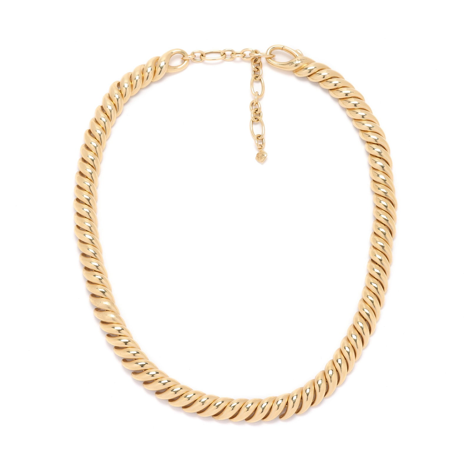 Gold Necklace, David Yurman: Gold Necklace, David Yurman gold curved link chain, completed with a lobster clasp, with maker's tag and marked D.Y. 750. 8.4mm; 15-17 in. adjustable. 44.2 dwt. Additional high-resolution photos are a