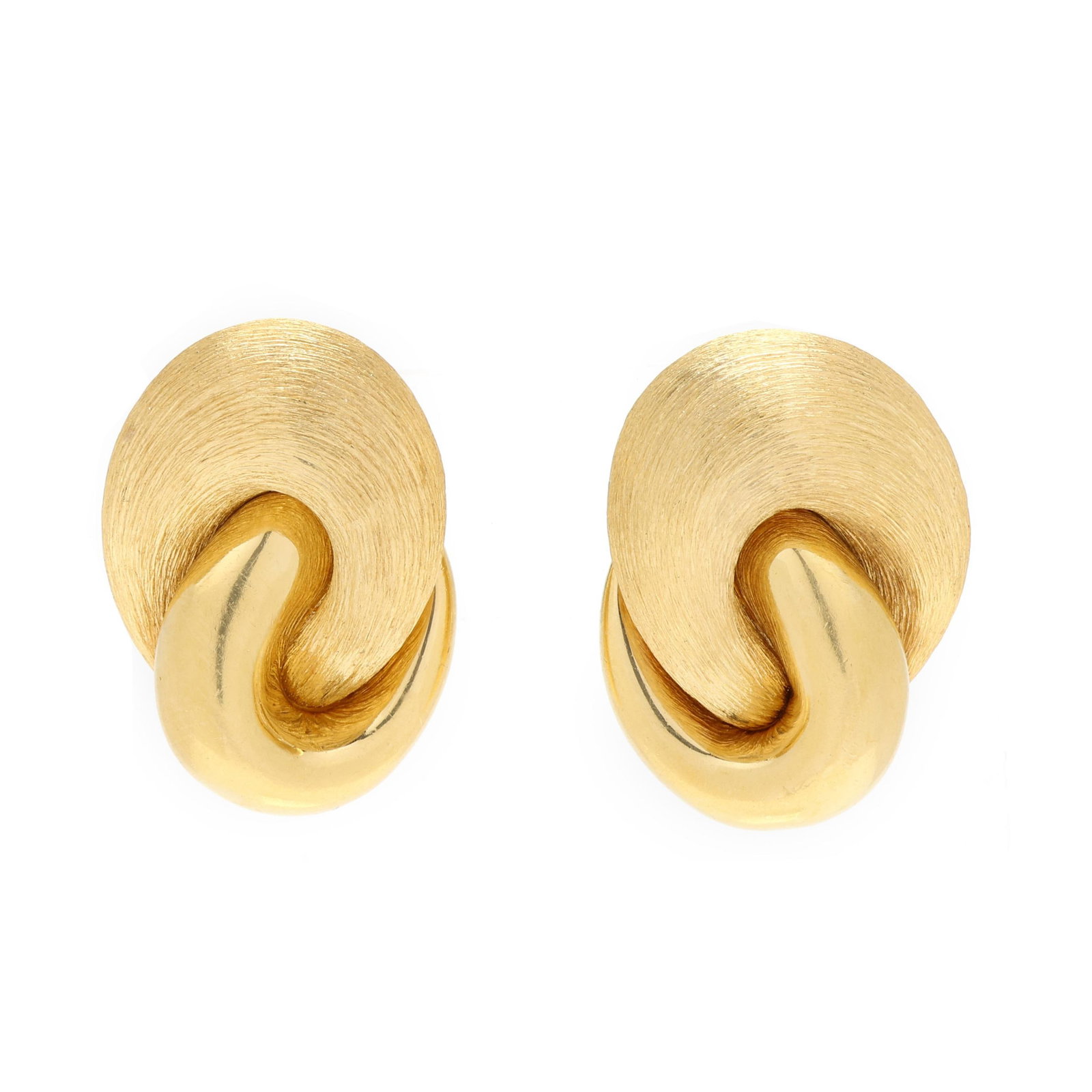 Gold Knot Motif Earrings, Henry Dunay: Gold Knot Motif Earrings, Henry Dunay in a knot design, the larger upper loop in textured gold above a smaller loop in high polish gold, completed with omega clip backs, one signed Dunay and stamped 1