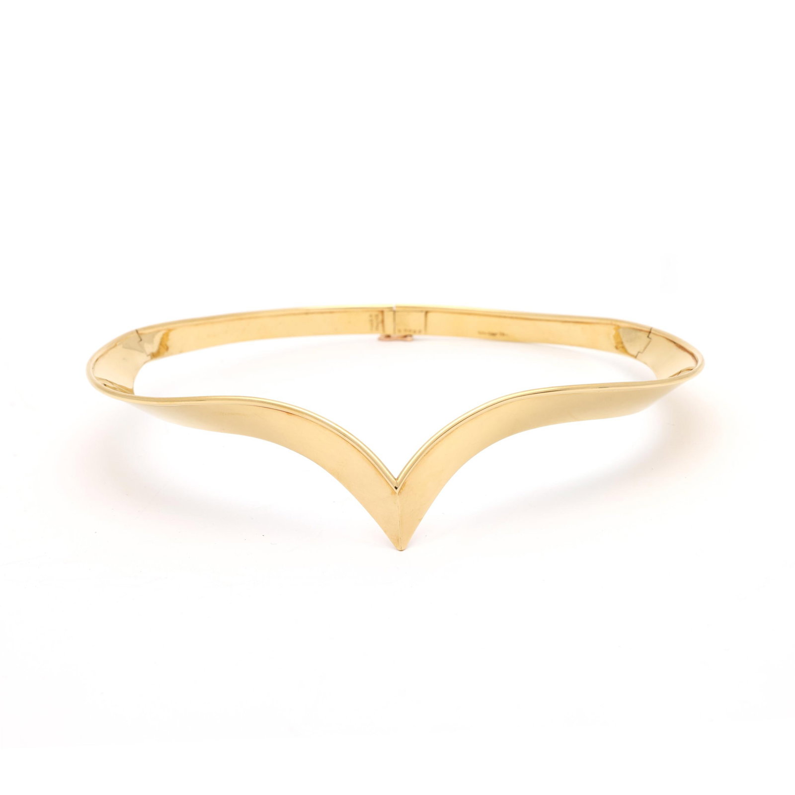Gold Choker Necklace, Cartier: Gold Choker Necklace, Cartier curved and shaped gold choker with central point, double-hinged opening, completed with a box clasp with a safety latch, stamped Cartier 18K and Made in France, numbered 