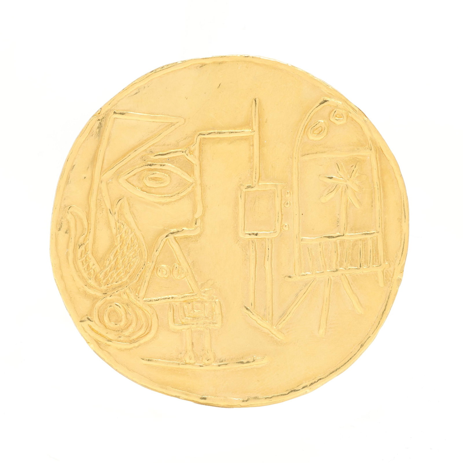 Gold Jacqueline Au Chevalet Pendant / Medallion, after Pablo Picasso: Gold Jacqueline Au Chevalet Pendant / Medallion, after Pablo Picasso the pendant / medallion after Pablo Picasso's work, Jacqueline Au Chevalet, completed with a fixed bail, bail stamped with Pierre H