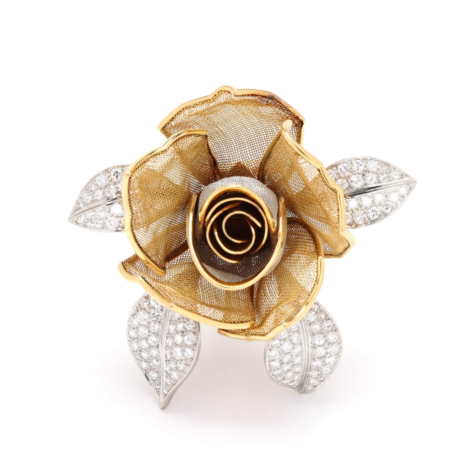 Bi-Color Gold and Diamond Rose Motif En Tremblant Brooch, France: Bi-Color Gold and Diamond Rose Motif En Tremblant Brooch, France the opening rose bud design in mesh bi-color gold with yellow gold rims, the four white gold leaves pavé set with full cut round diamo