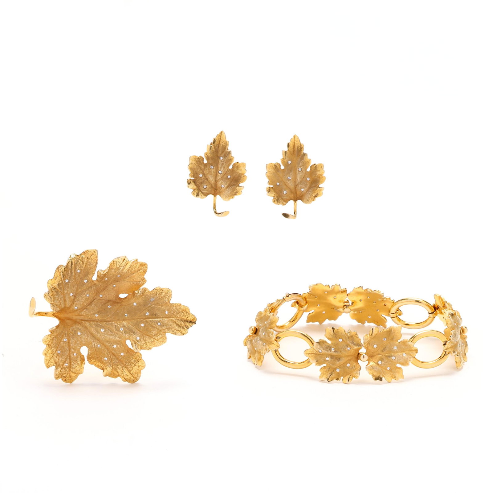 Gold and Diamond Maple Leaf Bracelet, Brooch, and Earring Set (1 of 14)