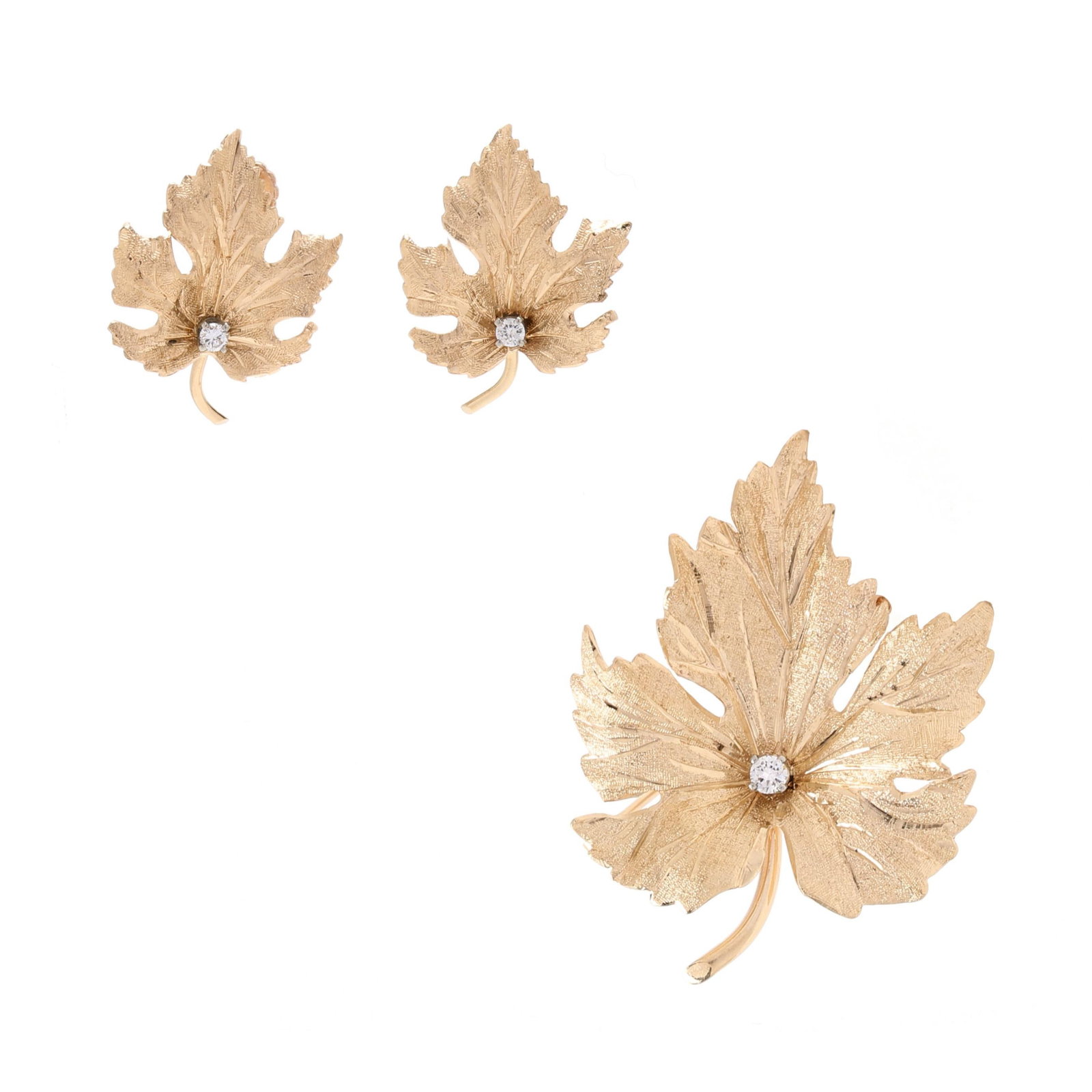Gold and Diamond Leaf Motif Brooch and Earrings, Eckfeldt & Ackley (1 of 8)