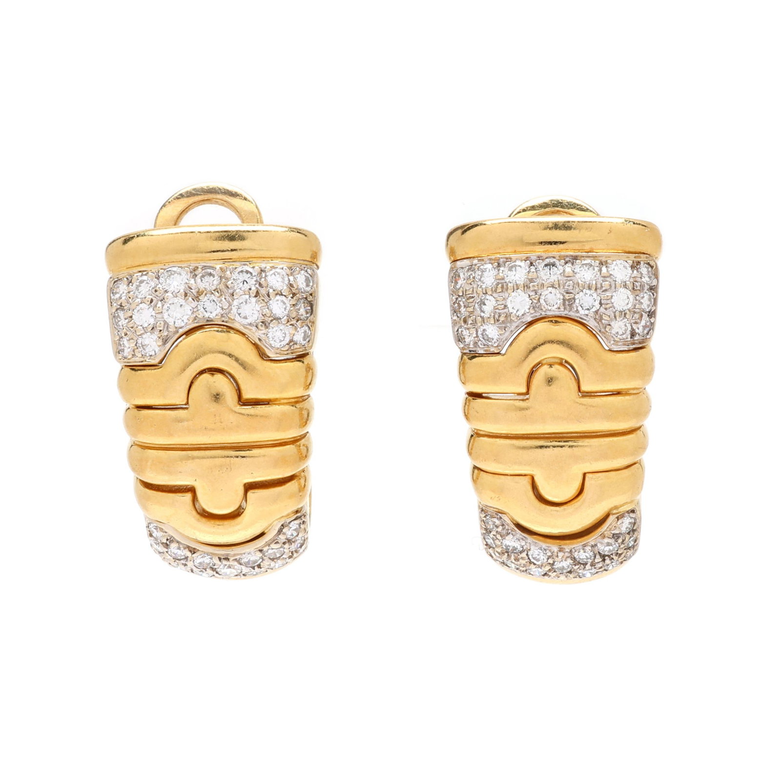 Bi-Color Gold and Diamond Earrings, Lilli of Miami: Bi-Color Gold and Diamond Earrings, Lilli of Miami parentesi design tapered J hoop earrings, set in white gold with full cut round diamonds weighing approximately 1.30 total carats (H-I color, VS2-SI1