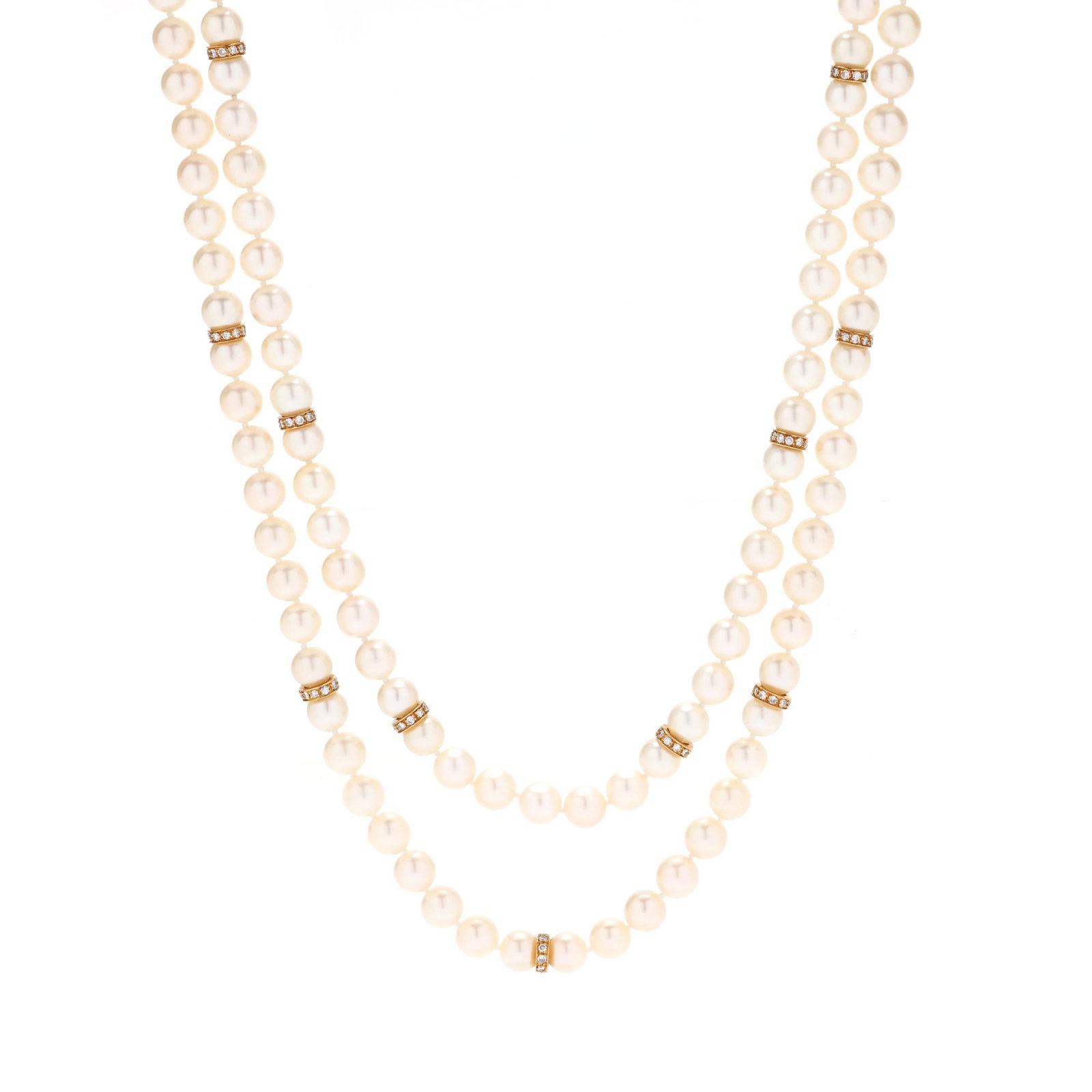 Gold, Diamond, and Pearl Necklace, Carimati: Gold, Diamond, and Pearl Necklace, Carimati double strand necklace strung knotted with (87) and (92) round cultured pearls (8.0mm to 8.5mm), with gold and diamond rondelle spacers and gold and diamond