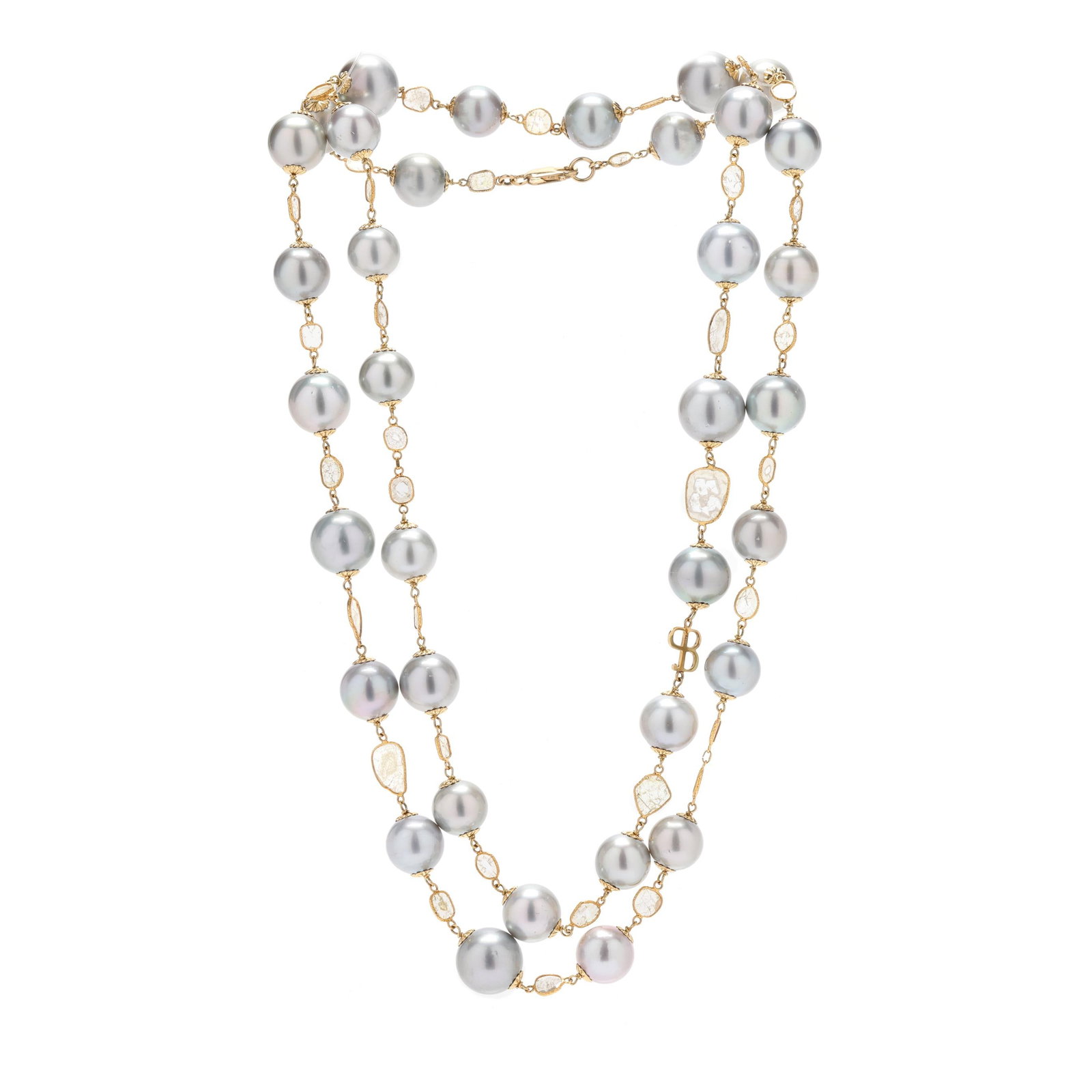 Gold, Pearl, and Diamond Station Necklace, Pedro Boregaard: Gold, Pearl, and Diamond Station Necklace, Pedro Boregaard the gold station necklace with alternating graduated pearl stations (11.3mm to 13.9mm) and freeform diamond slices within a gold surround, wi