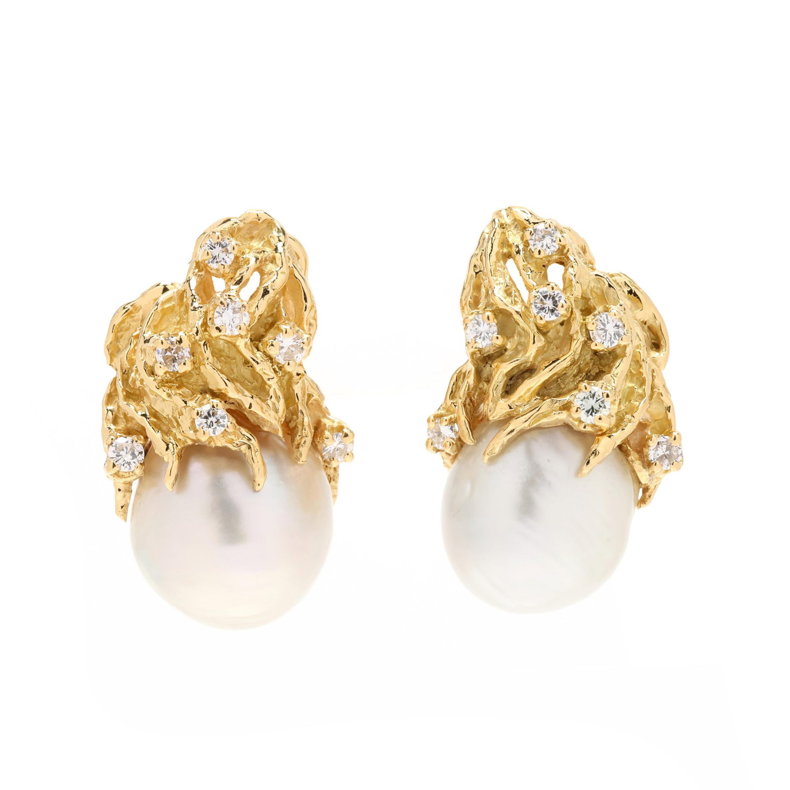 Gold, Baroque Pearl, and Diamond Earrings, Arthur King: Gold, Baroque Pearl, and Diamond Earrings, Arthur King naturalistic vine surmount set with full cut round diamonds weighing approximately .56 total carat (H-I color, SI1-SI2 clarity) holding a culture