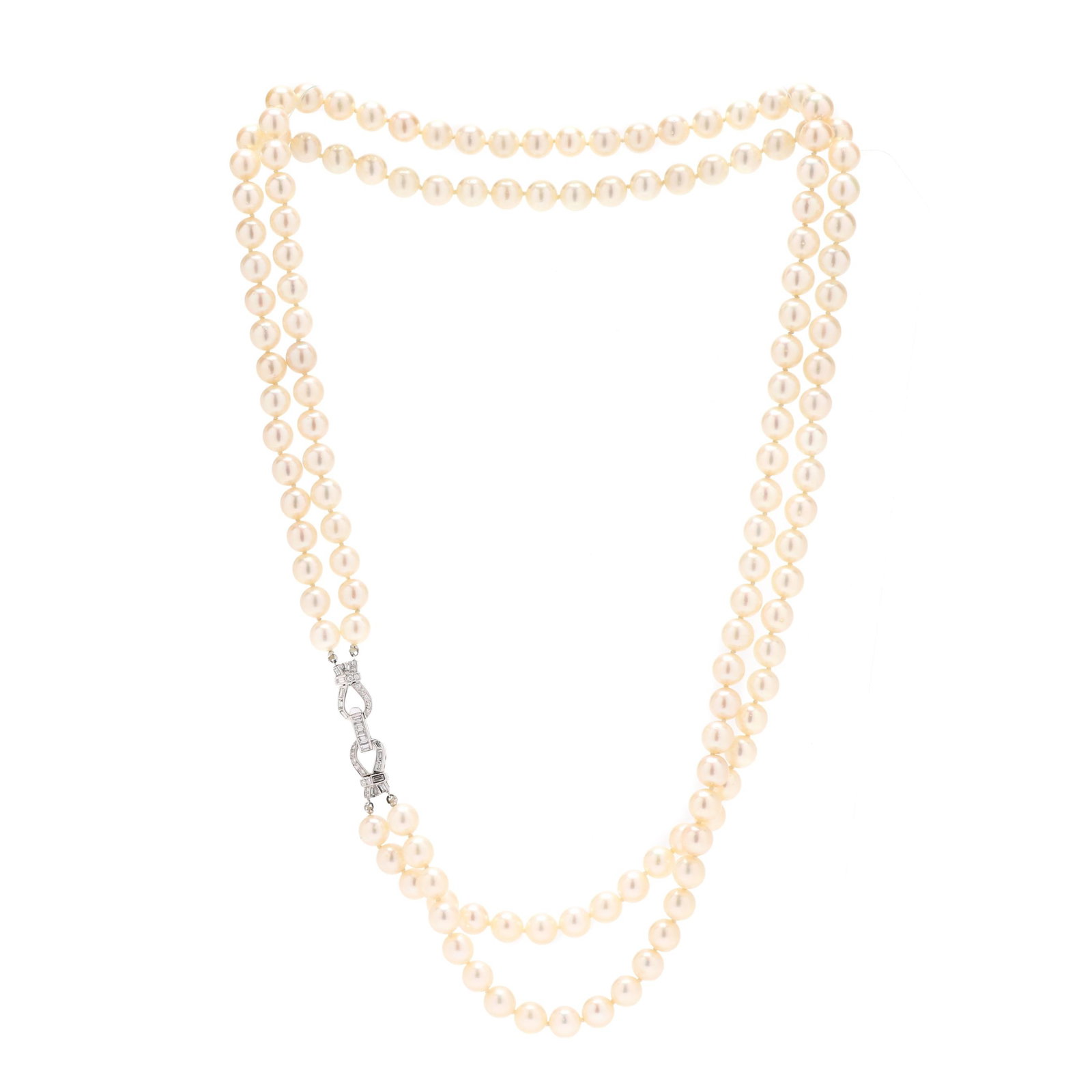 Double Strand Pearl Necklace with Platinum and Diamond Clasp (1 of 4)