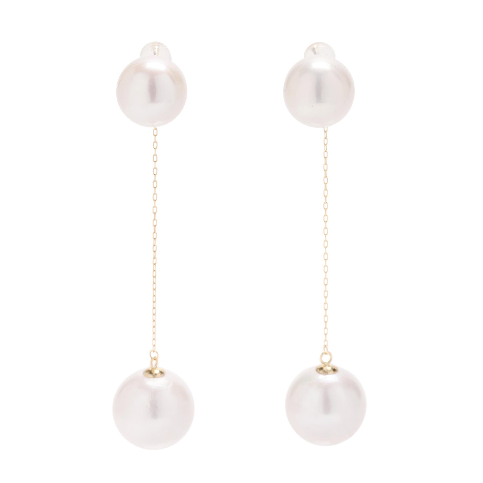 South Sea Pearl Drop Earrings: South Sea Pearl Drop Earrings the round South Sea pearl studs (12.1mm; 12.3mm) suspending a gold and round South Sea pearl drop (14.7mm; 14.8mm), completed with posts and silicone backs, stamped Au750