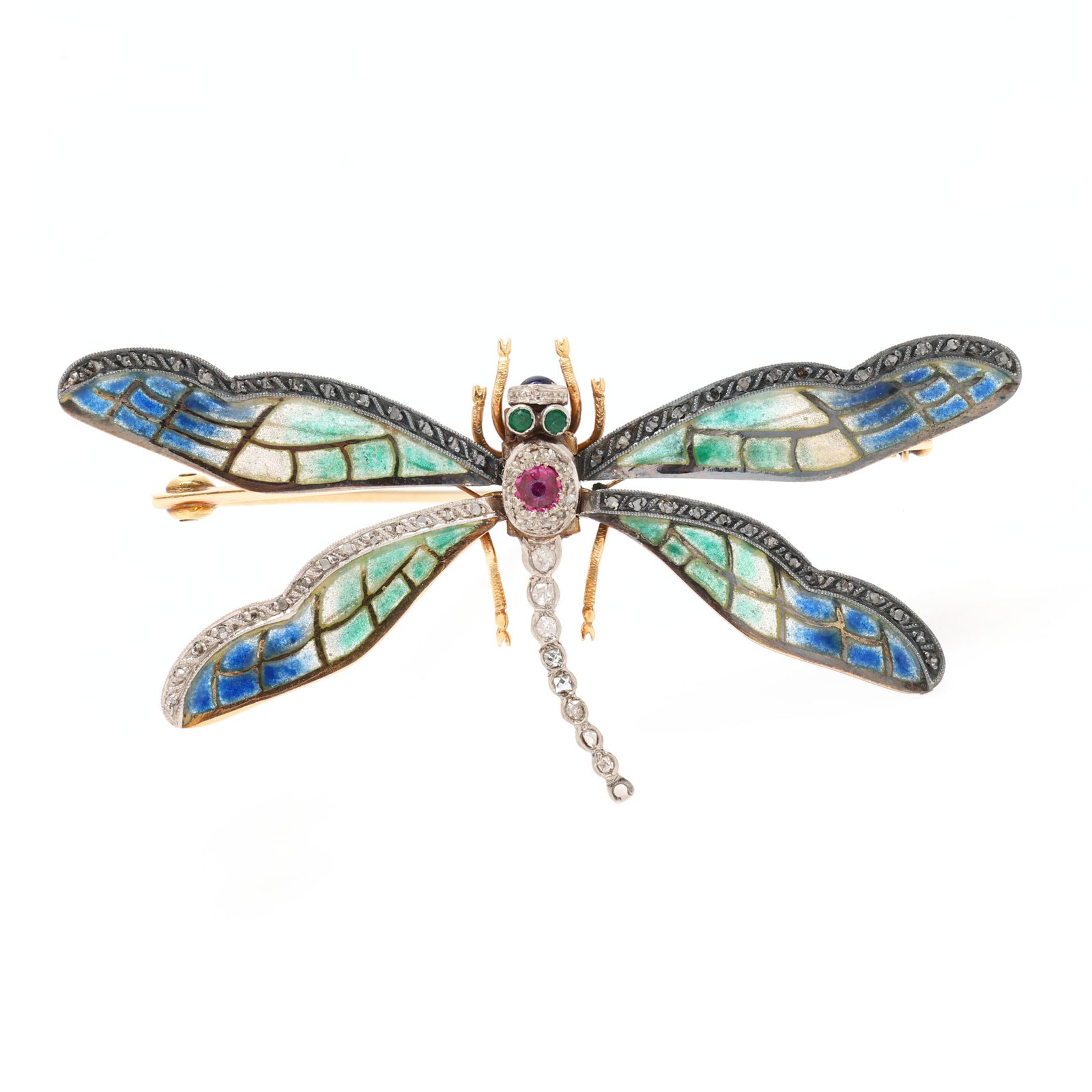 Art Nouveau Gold and Plique-à-jour Enamel and Gem-Set En Tremblant Dragonfly Motif Brooch: Art Nouveau Gold and Plique-à-jour Enamel and Gem-Set En Tremblant Dragonfly Motif Brooch the gold dragonfly body set with a round cut ruby, round cut emerald eyes, an oval cabochon cut sapphire, and