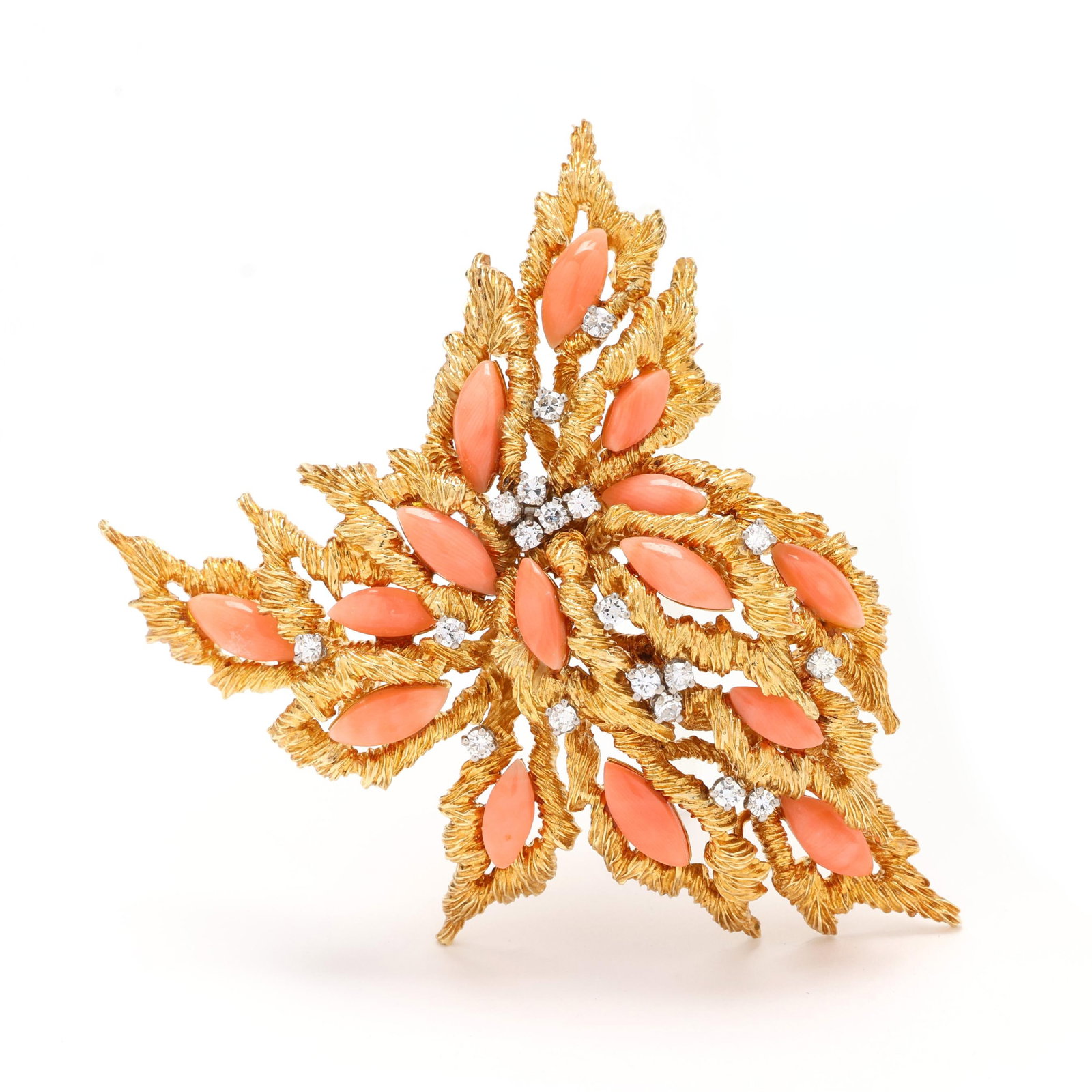 Gold, Coral, and Diamond Foliate Motif Brooch, Robert Wander (1 of 3)
