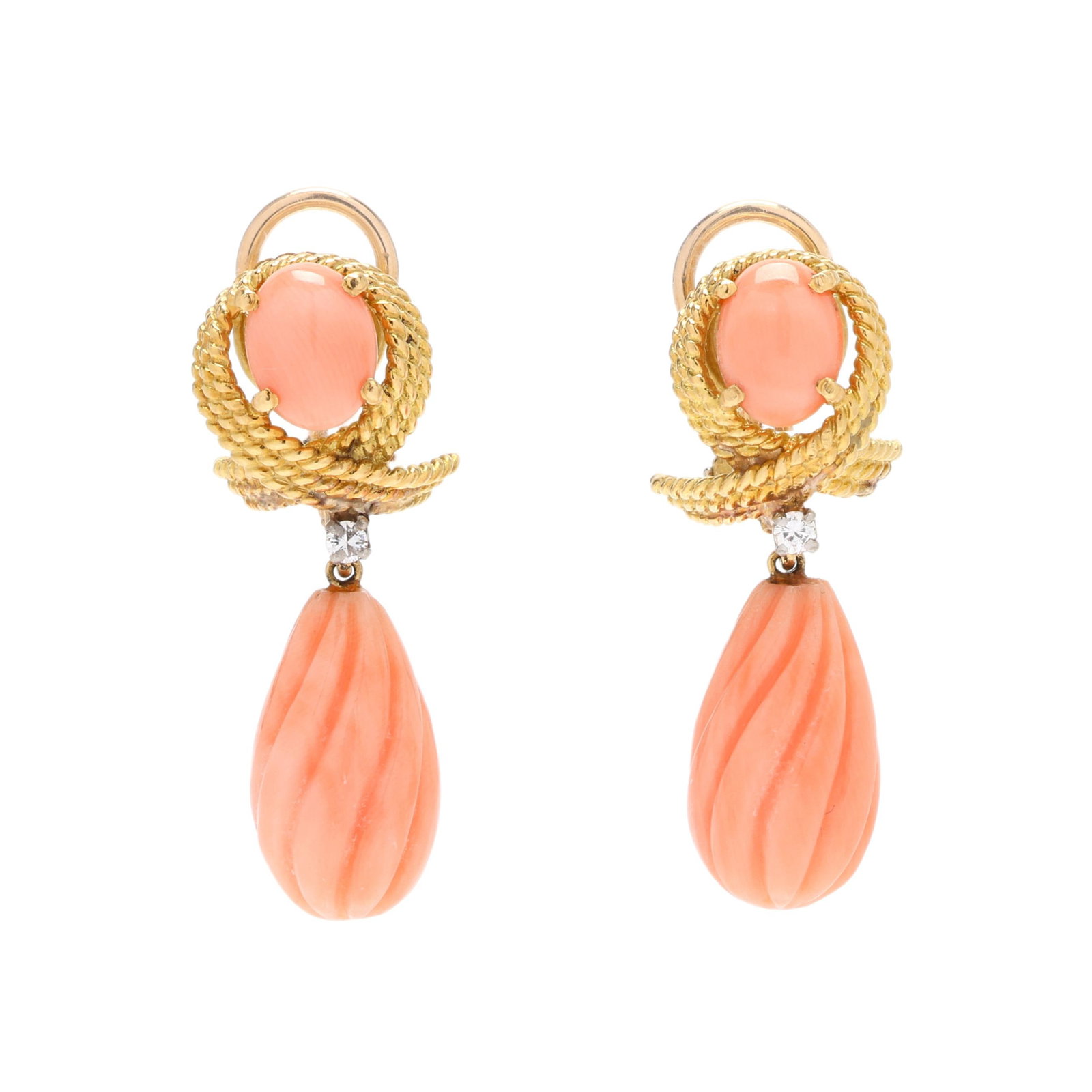 Vintage Gold, Coral, and Diamond Dangle Earrings: Vintage Gold, Coral, and Diamond Dangle Earrings rope twist gold knot motif surmount set with an oval cabochon cut coral and with a full cut round diamond (2mm), suspending a carved and fluted coral d