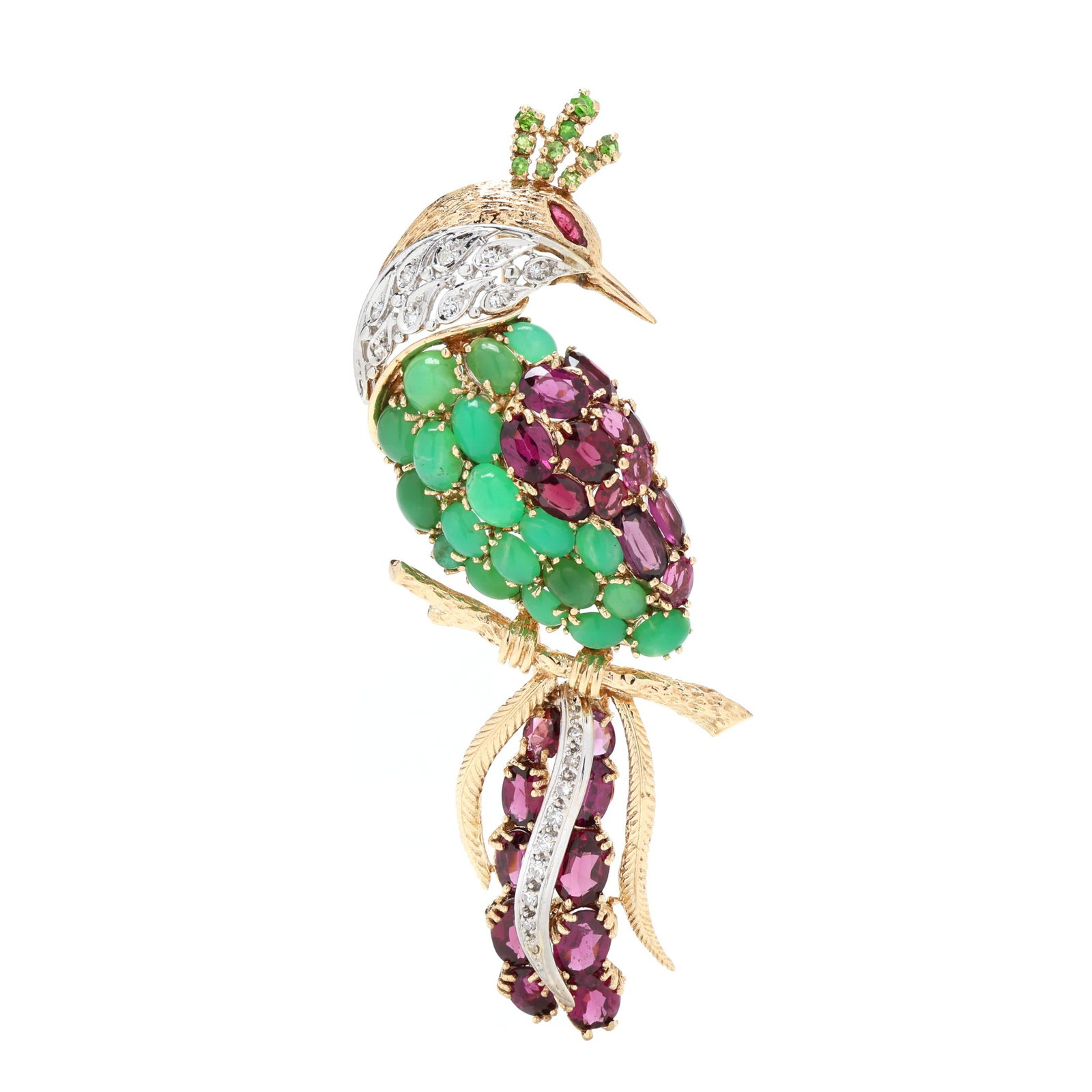 Vintage Bi-Color Gold and Gem-Set Peacock Motif Brooch: Vintage Bi-Color Gold and Gem-Set Peacock Motif Brooch designed as a finely detailed peacock seated on a branch, set allover with cabochon cut chrysoprase, round cut demantoid garnets, oval cut rhodol