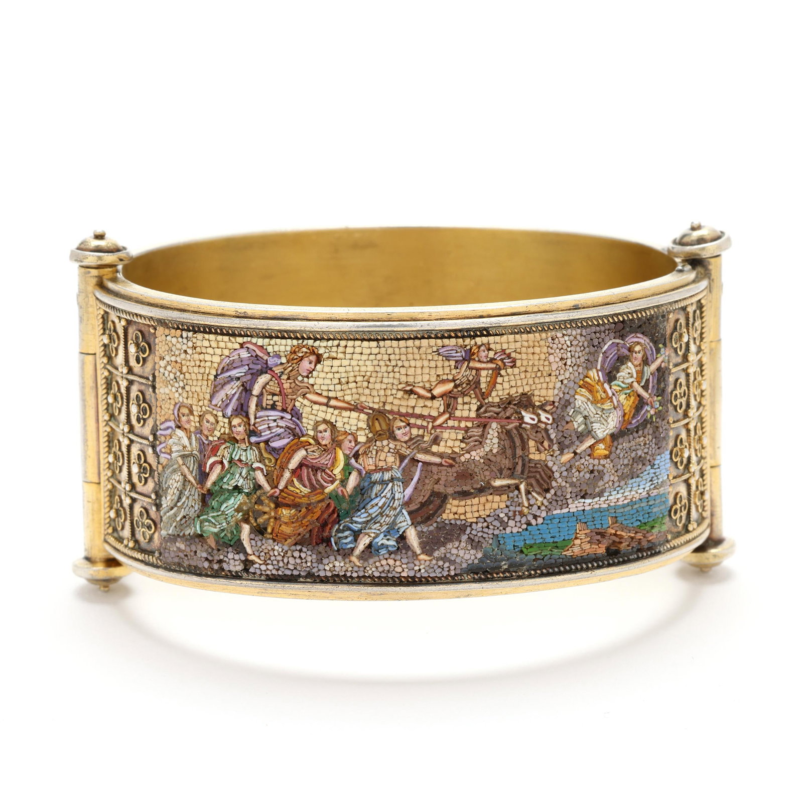 Antique Gilt-Silver Grand Tour Etruscan Revival Mosaic Bracelet: Antique Gilt-Silver Grand Tour Etruscan Revival Mosaic Bracelet the wide hinged bangle bracelet with micromosaic depiction of Apollo driving the chariot of the sun and applied rosette motifs, the othe