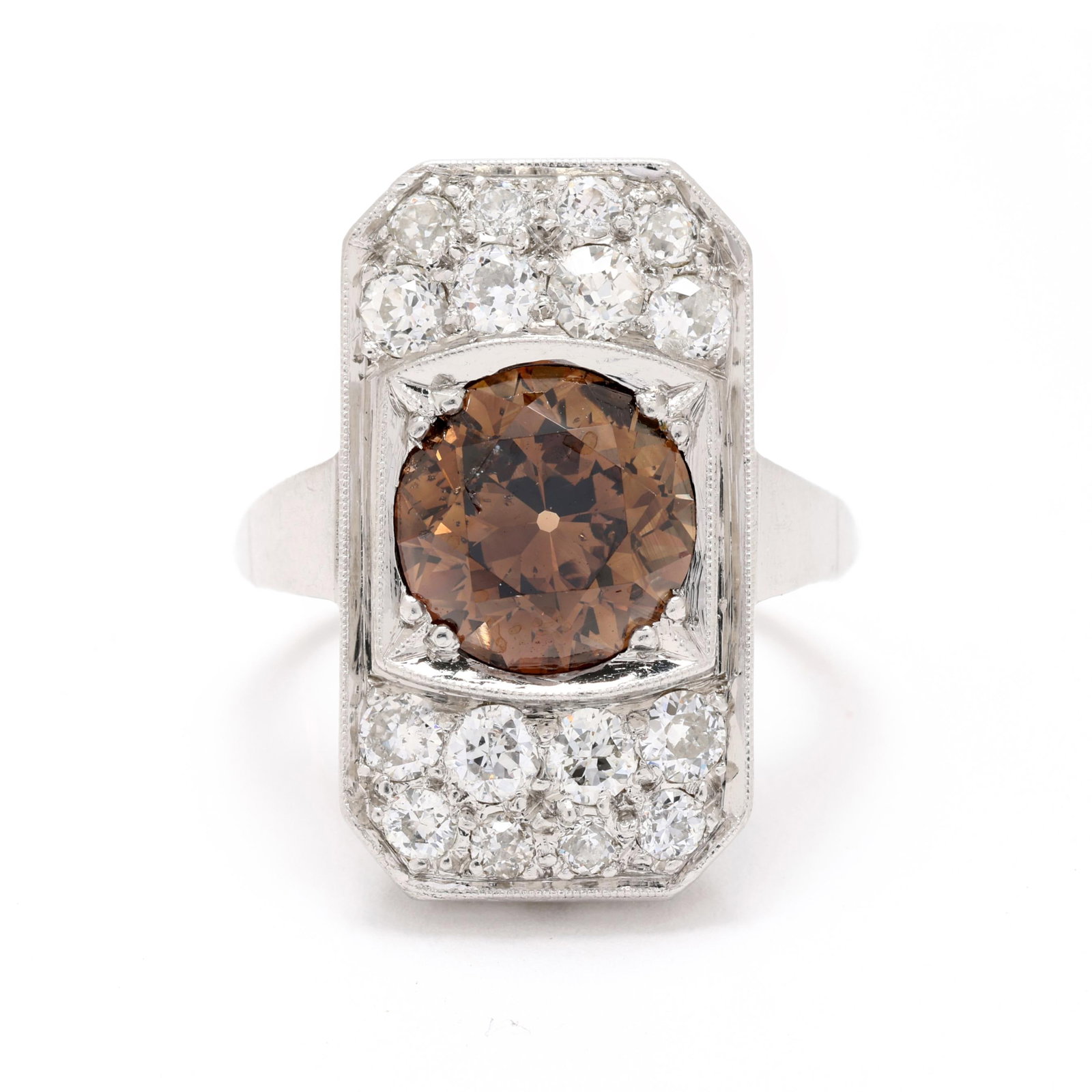 Antique Platinum, 3.34 Carat Old European Cut Fancy Dark Orangey Brown Diamond, and Diamond Ring (1 of 8)