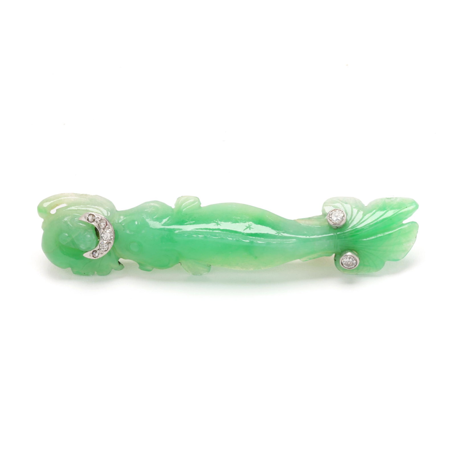 Jadeite Jade Fish Motif Brooch: Jadeite Jade Fish Motif Brooch carved jadeite jade in the form of a koi fish with a frog on a lily pad, set with single cut and full cut round diamond melee, completed with a gold pin stem and trombon