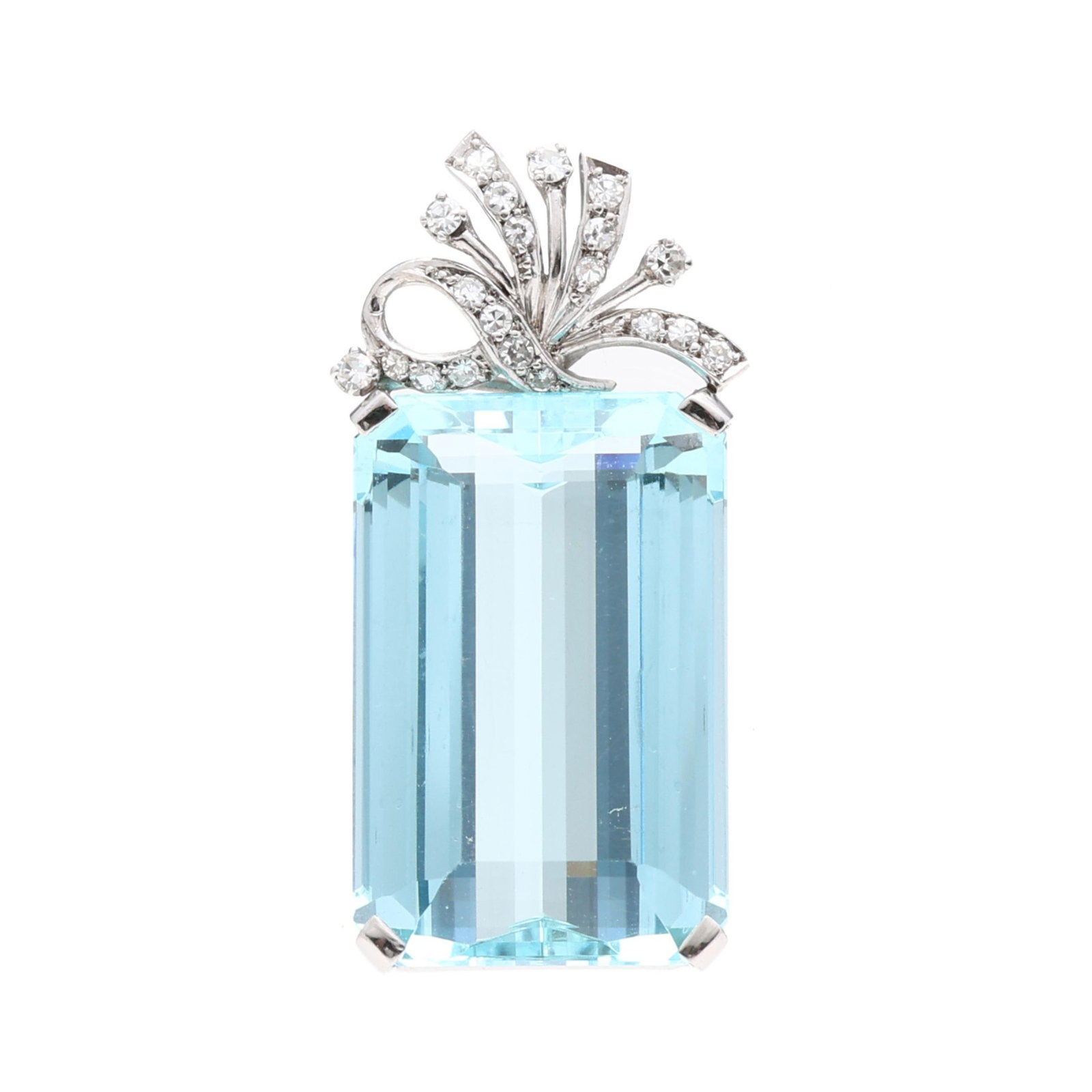 Vintage White Gold, Aquamarine, and Diamond Pendant, retailed through H. Stern: Vintage White Gold, Aquamarine, and Diamond Pendant, retailed through H. Stern set with an emerald cut aquamarine (27.4 x 17.9 x 10mm) weighing approximately 36 carats, with ribbon motif surmount set 