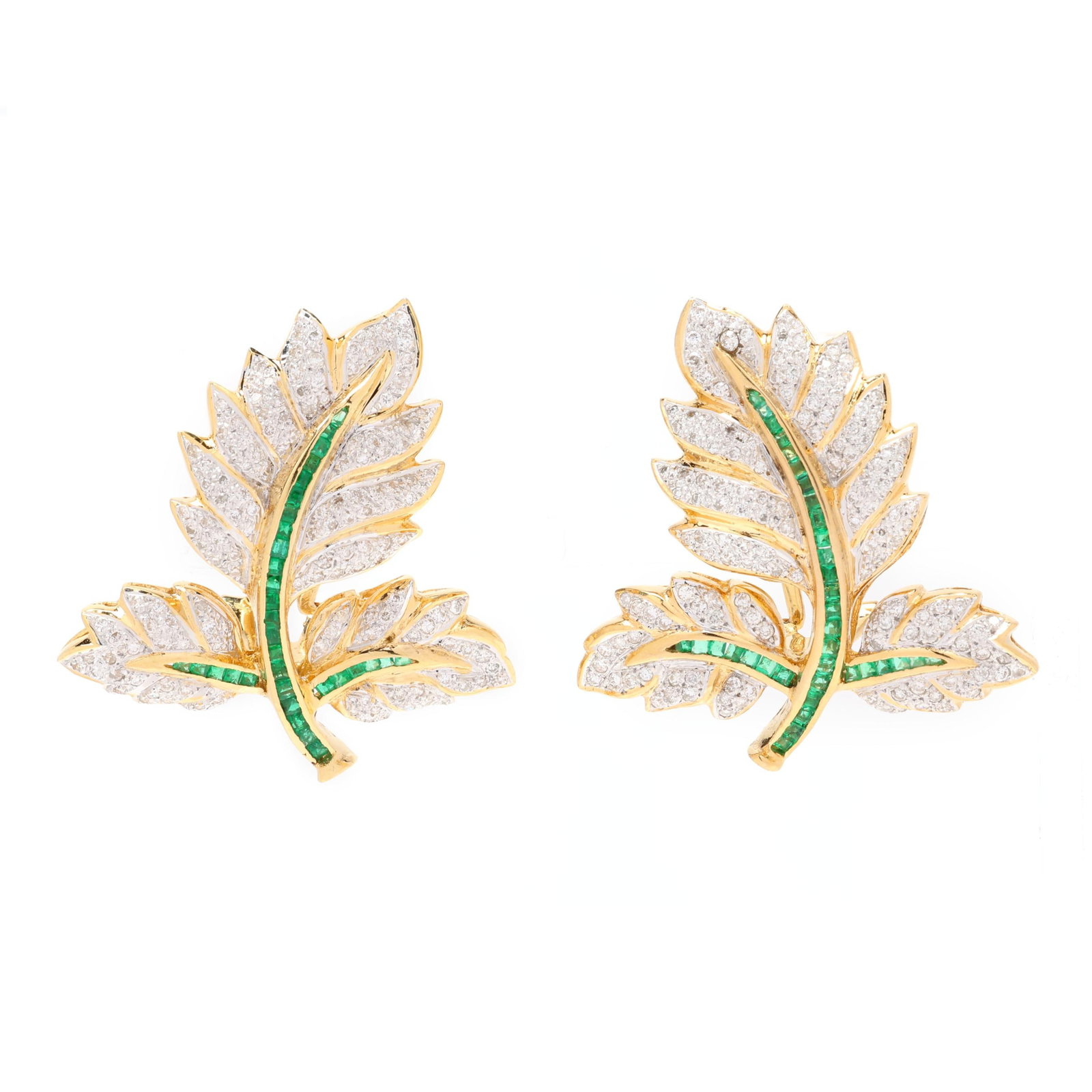 Gold, Diamond, and Emerald Leaf Motif Earrings, Assil: Gold, Diamond, and Emerald Leaf Motif Earrings, Assil three leaf foliate motif allover set with full cut round diamonds weighing approximately 1.40 total carats (H-I color, SI1-I1 clarity) in white go