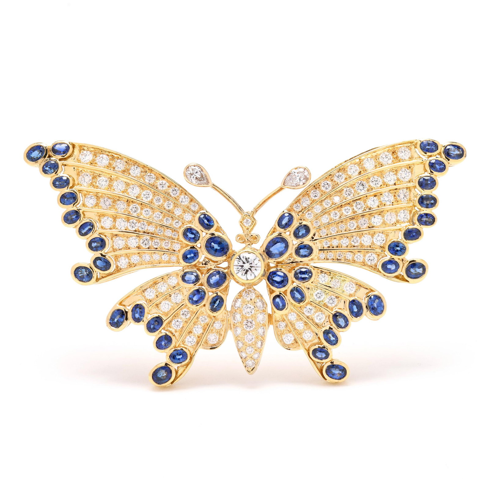Gold, Sapphire, and Diamond Butterfly Motif Brooch: Gold, Sapphire, and Diamond Butterfly Motif Brooch finely detailed butterfly design, the center bezel set with a full cut round diamond (4.5mm), the body and wings further set with full cut round diam