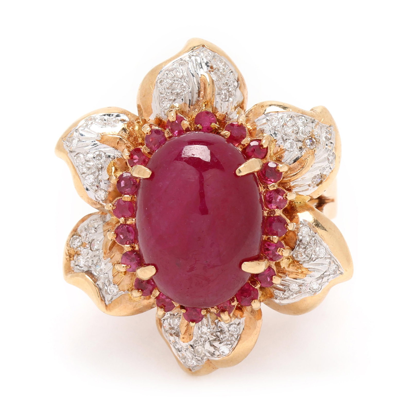 Bi-Color Gold, Ruby, and Diamond Flower Motif Ring (1 of 6)