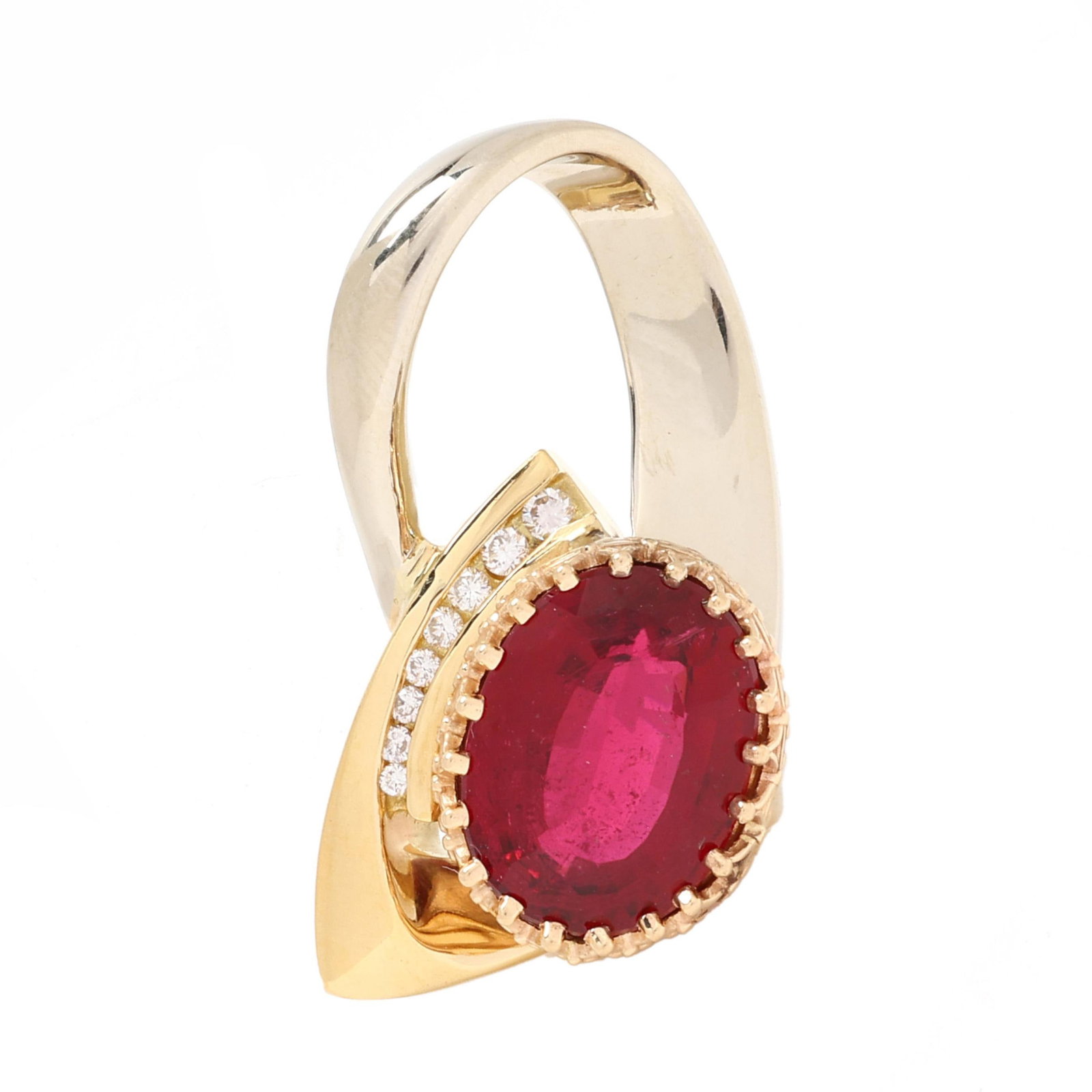 Bi-Color Gold, Rubellite Tourmaline, and Diamond Pendant: Bi-Color Gold, Rubellite Tourmaline, and Diamond Pendant diagonally set oval cut rubellite tourmaline (14.8 x 10.6 x 7.0mm) weighing approximately 7.0 carats in a yellow gold crown setting on a