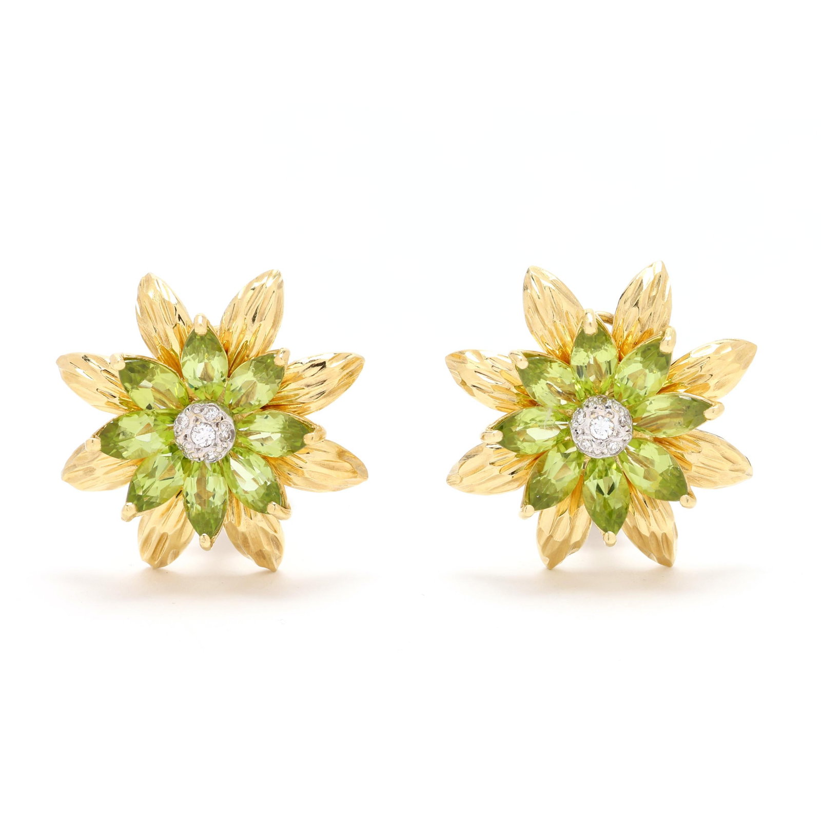 Gold, Peridot, and Diamond Flower Motif Earrings: Gold, Peridot, and Diamond Flower Motif Earrings the flower design set with marquise cut peridot and set to the center with a cluster of full cut round diamond melee, atop a layer of textured gold