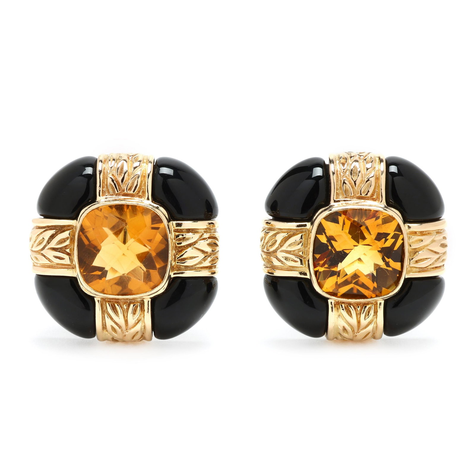 Gold, Onyx, and Citrine Earrings: Gold, Onyx, and Citrine Earrings centered on a bezel set checkerboard square cushion cut citrine (12.0 x 12.0mm), the textured cruciform design surround in textured gold and carved black onyx, complet