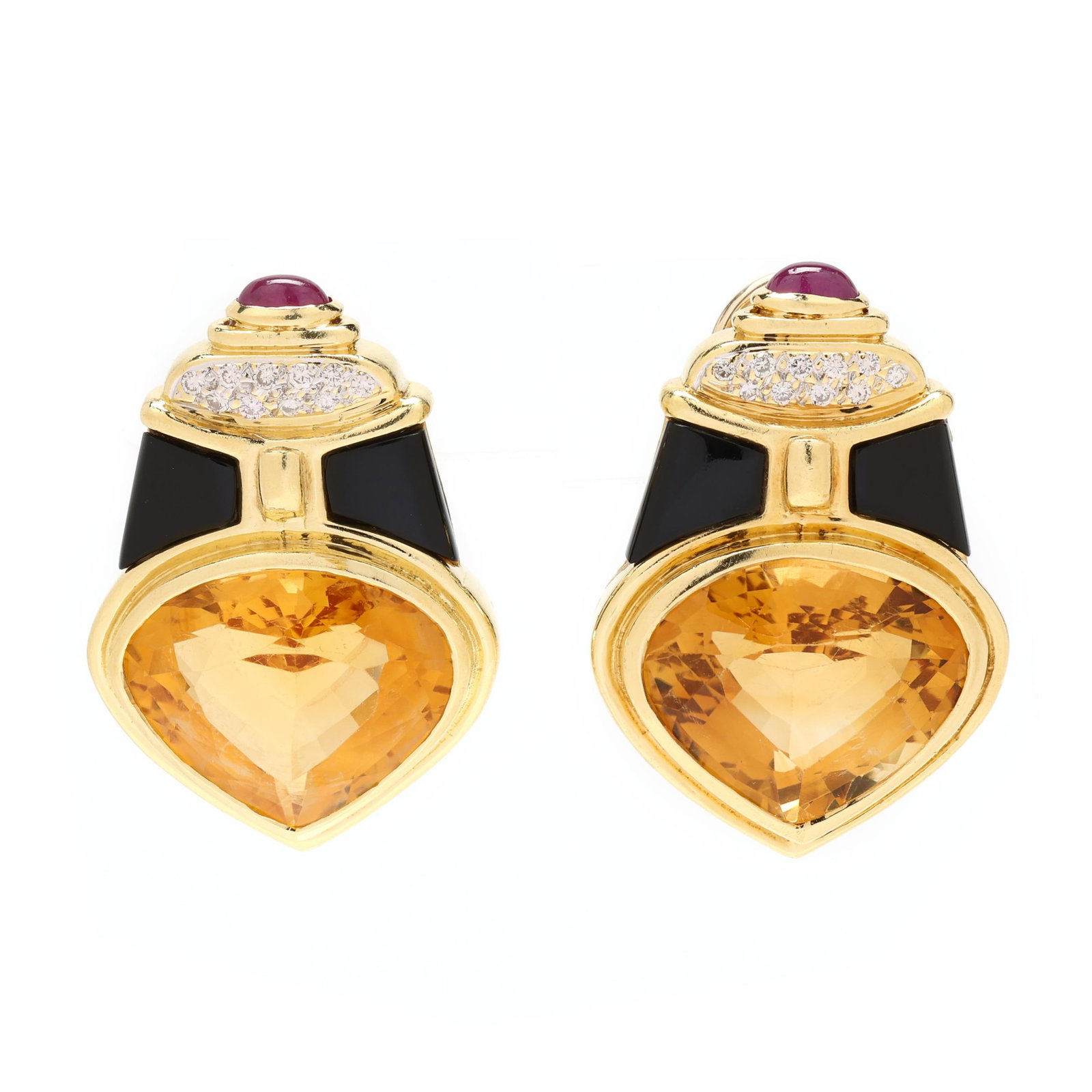 Gold, Citrine, Onyx, and Ruby Earrings: Gold, Citrine, Onyx, and Ruby Earrings tapering form with a pear cut citrine (16.0 x 19.0 x 10.0mm) bezel set below two inlaid black onyx tablets, with full cut round diamond melee and topped with a b