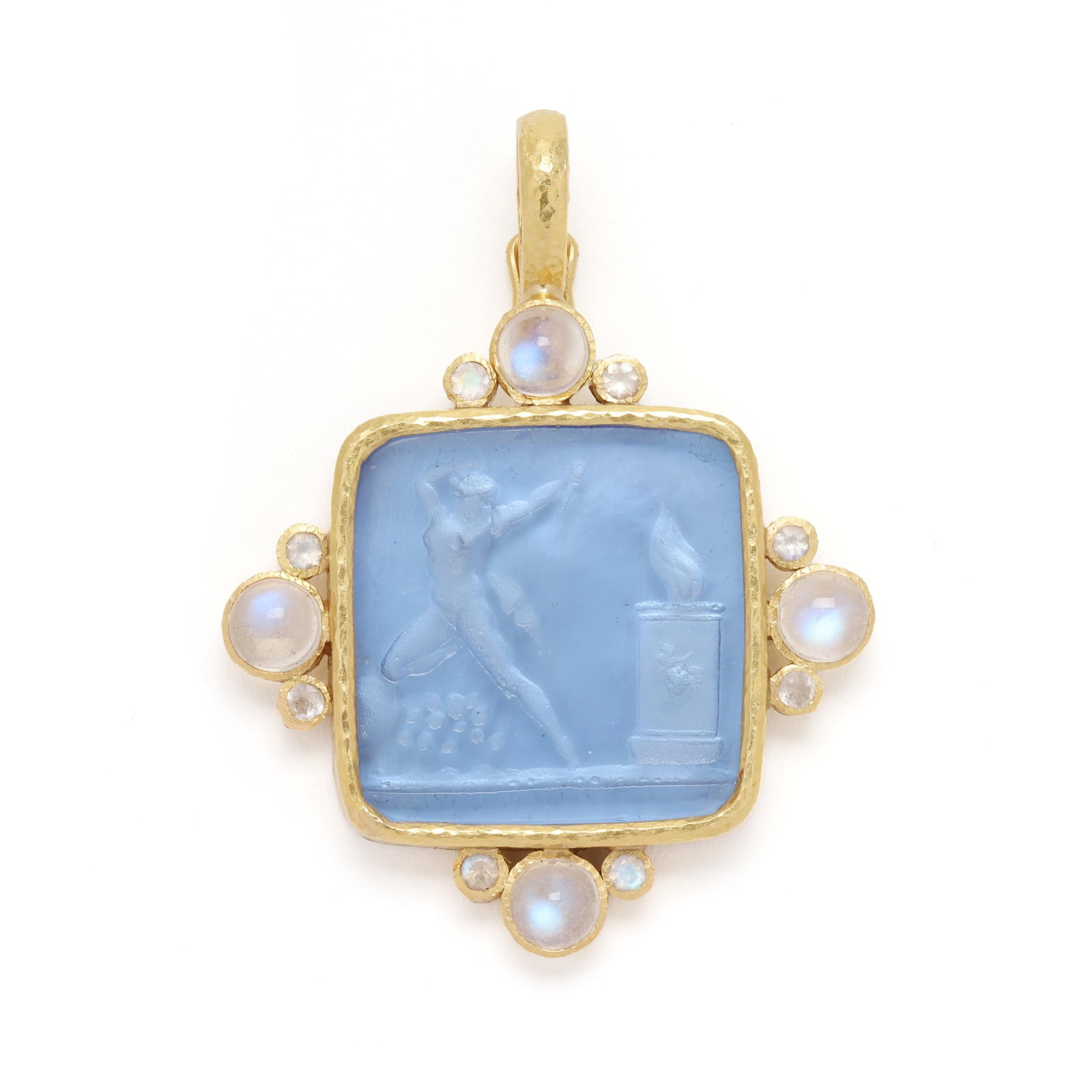 Gold, Venetian Glass, and Moonstone Pendant, Elizabeth Locke: Gold, Venetian Glass, and Moonstone Pendant, Elizabeth Locke centered on a square glass intaglio with the image of a goddess at an altar, with a mother-of-pearl backing, within a hand hammered frame