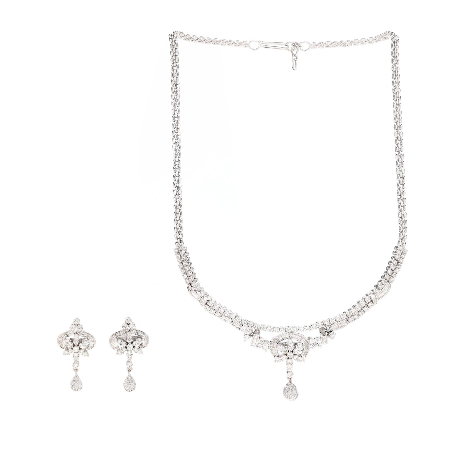 White Gold and Diamond Necklace and Earring Set: White Gold and Diamond Necklace and Earring Set to include: a white gold mesh necklace with central floral element set with full cut round and baguette cut diamonds weighing 4.76 total carats (H-I